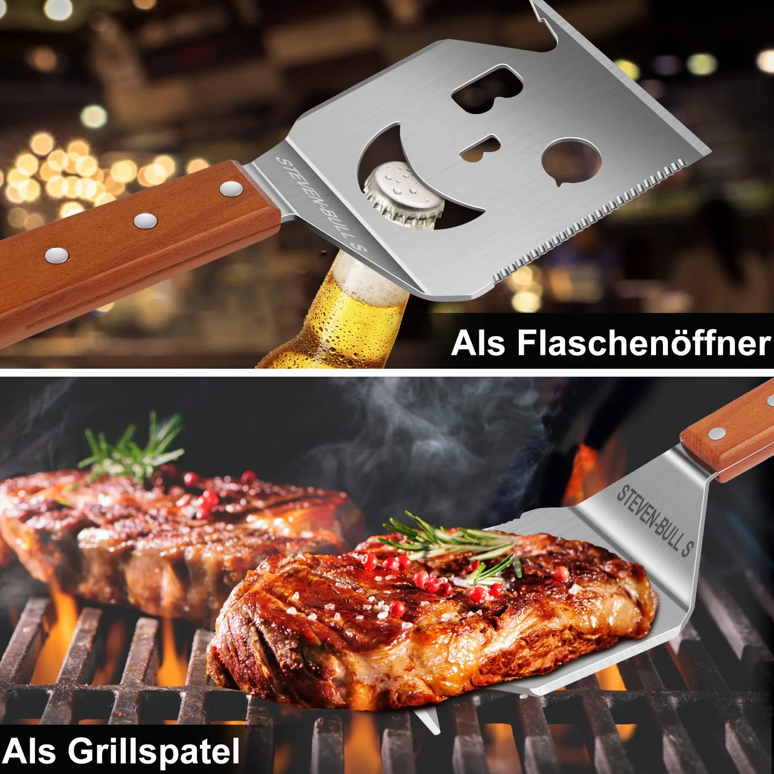 STEVEN-BULL S Spatola Barbecue 7 in 1, Utensili Barbecue Unici, Accessori Barbecue per Campeggio Esterno, Barbecue, Regali per Uomo