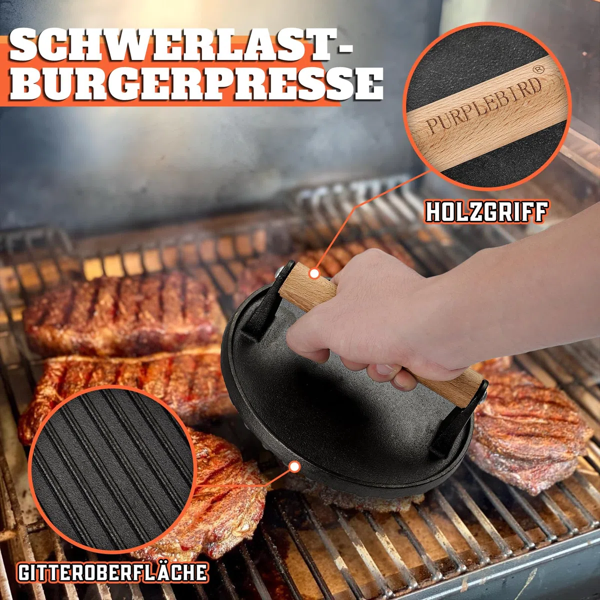 PURPLEBIRD Griddle - Set di accessori per hamburger in acciaio inox (7,87 pollici), con pesanti, in ghisa (6,97 pollici), campana per fusione e pressa per hamburger, per barbecue a gas, teppanyaki,