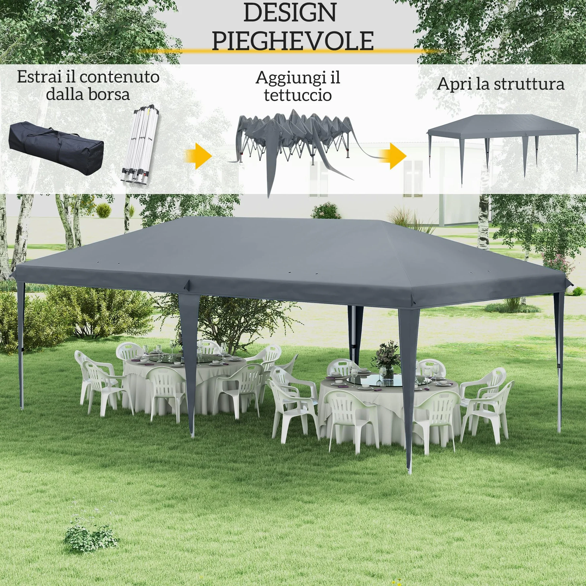 Gazebo Pieghevole Outsunny 6x3 Pop Up Altezza Regolabile 3 Livelli Borsa da Trasporto Acciaio Tessuto Oxford Grigio Chiaro