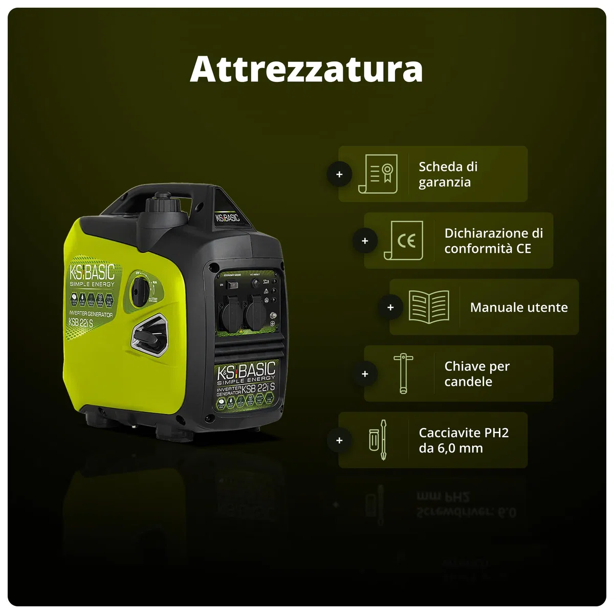 K&S BASIC KSB 22i S Generatore inverter 2000 W 4 Tempi Portatile Benzina Silenzioso per Campeggio Camper Pesca Caravan con Modalità Eco, 2x230 V Prese, Rame, Compatto Silenzioso Leggero
