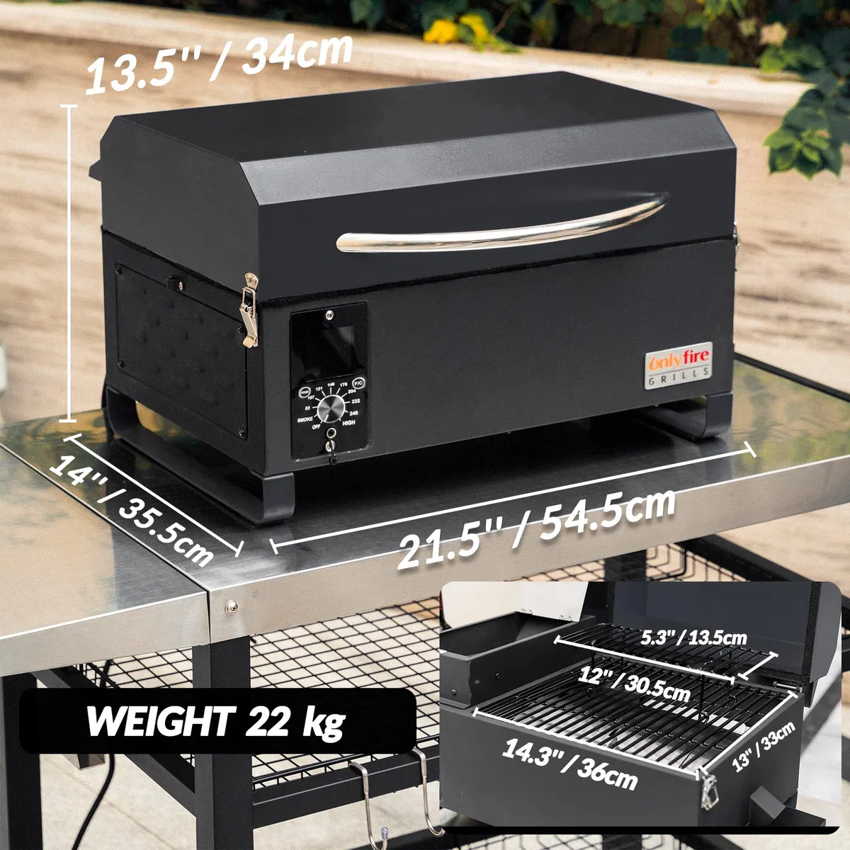Onlyfire Griglia Portatile Nero Per Affumicatore a Pellet, Griglia a Pellet da 80°C - 260°C incl. Sensori di Temperatura Ottimo Per il Tailgating da Campeggio Per Camper