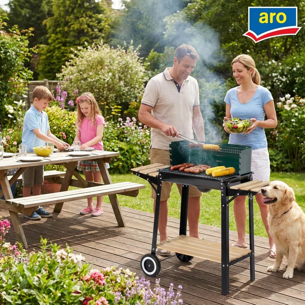 Aro Barbecue a Carbonella in Acciaio e Legno, 2 Griglie Regolabili, Tavolini Laterali, Ruote, Paravento, Verde