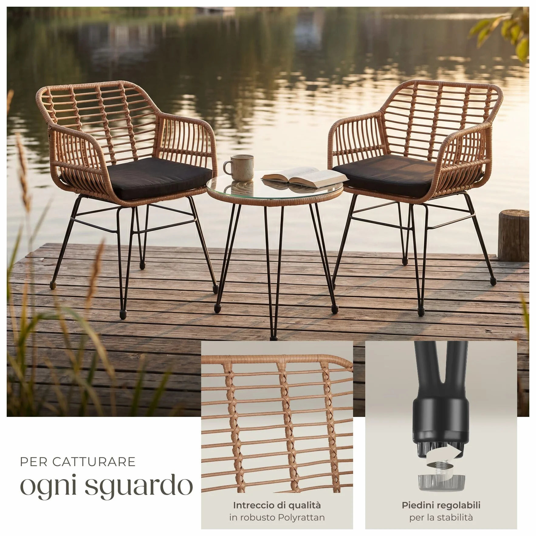 tectake Salottino in Rattan Set da Balcone 3 Pezzi 2 Sedie 120 kg Tavolo Vetro Sicuro Resistente Intemperie Terrazza Giardino Piedini Regolabili