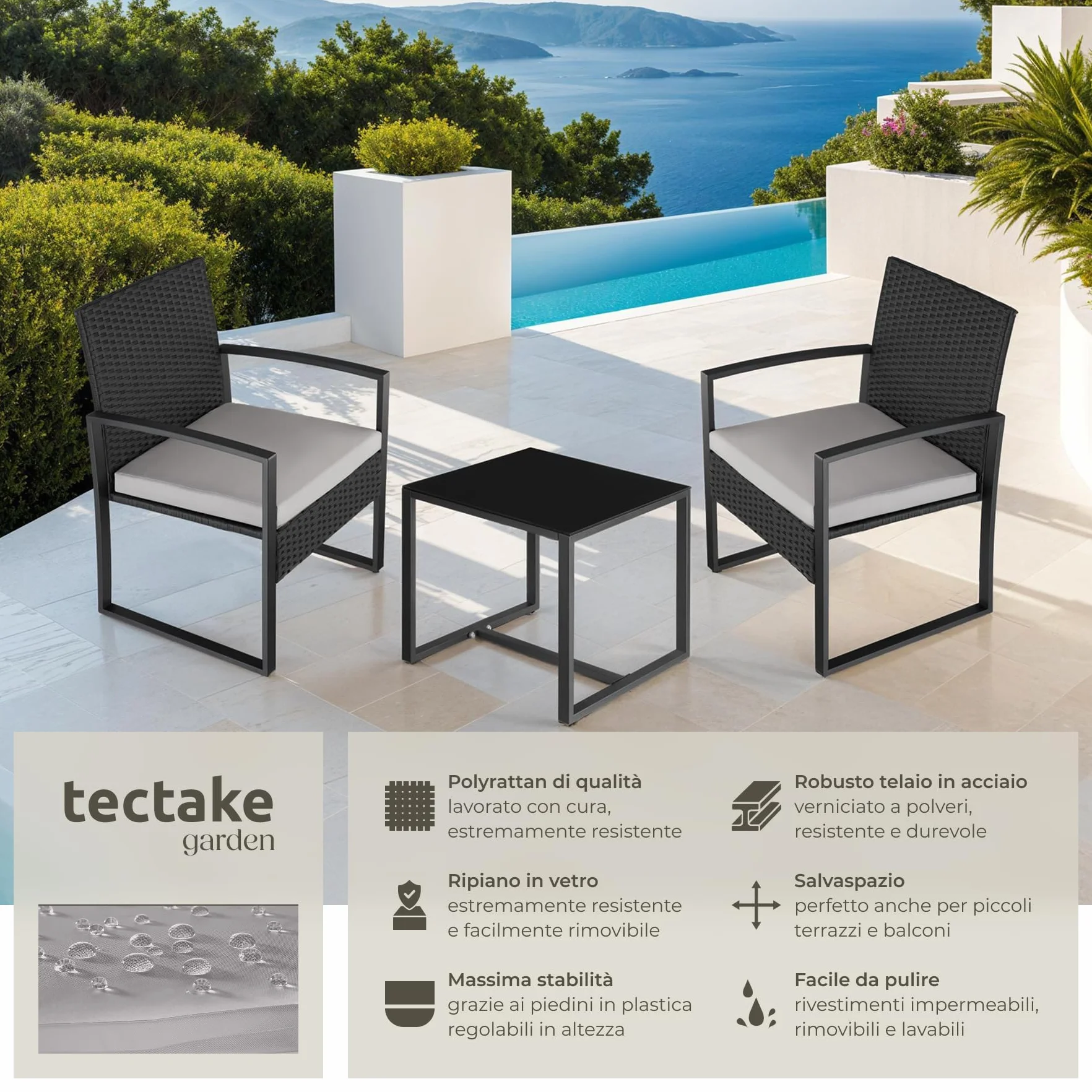 Tectake Salottino da Esterno Rattan Granada Set Giardino Tavolino Salotto Vetro Imbottiture Regolabile UV