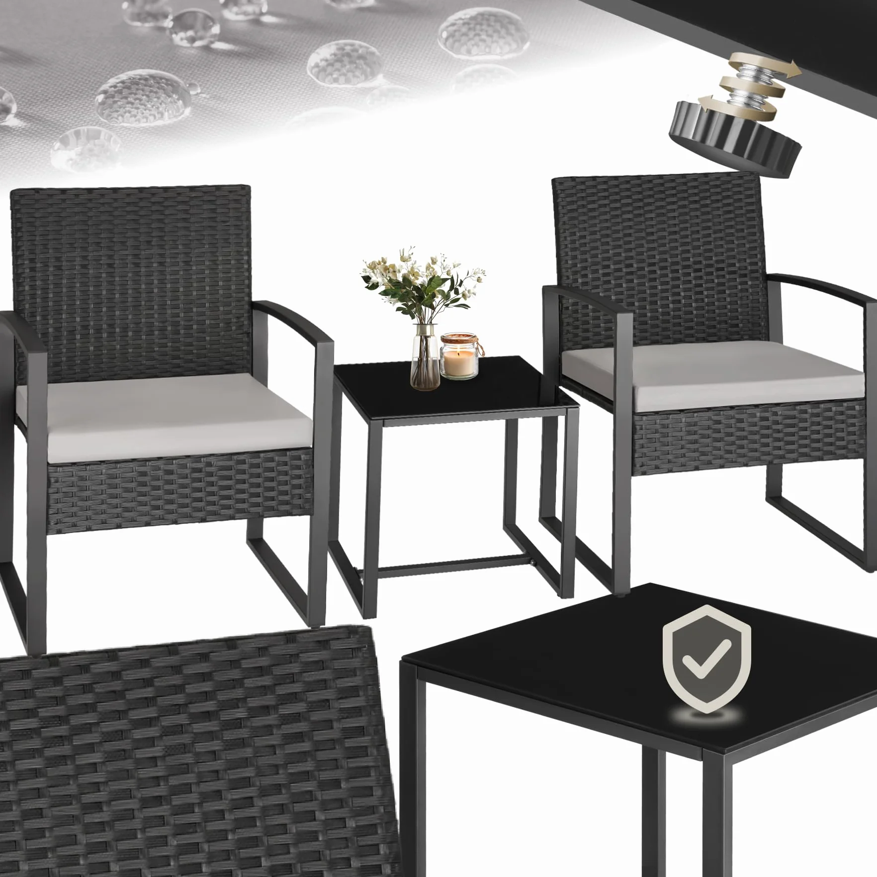 Tectake Salottino da Esterno Rattan Granada Set Giardino Tavolino Salotto Vetro Imbottiture Regolabile UV