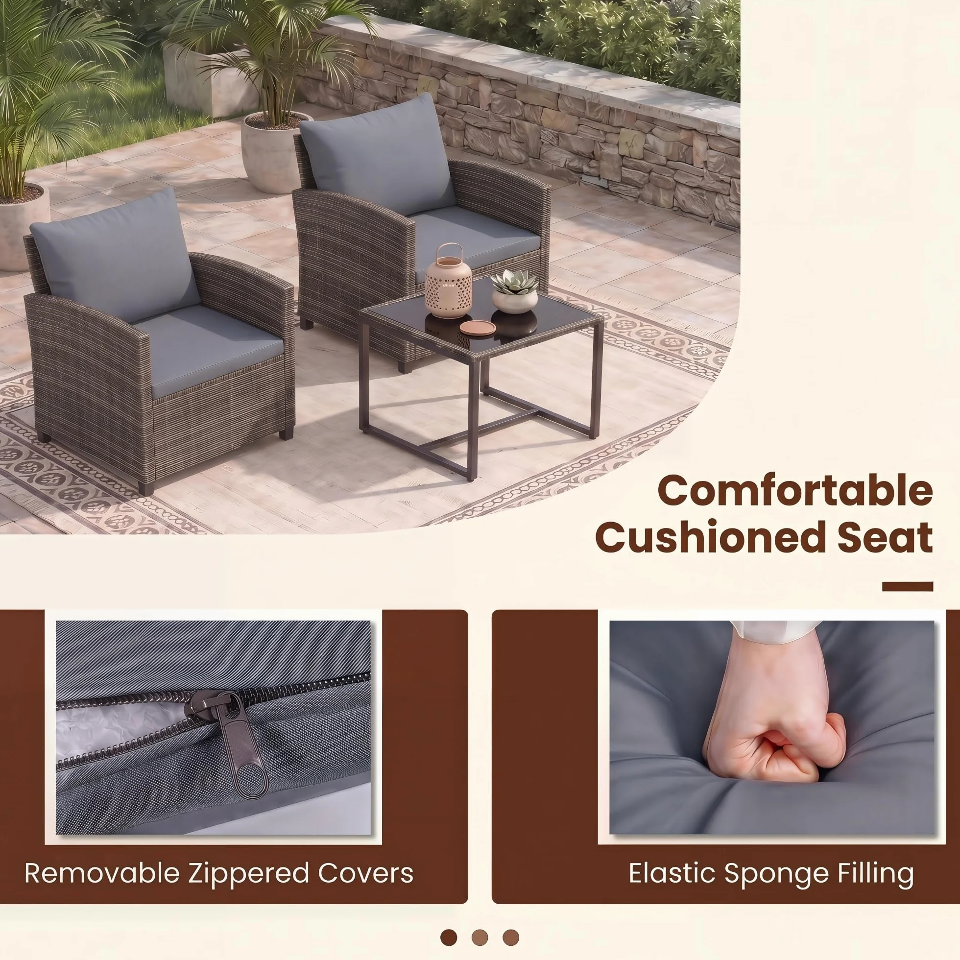 GIANTEX Set da Giardino 3 Pezzi, Salotto Esterno 2 Poltrone con Cuscini + Tavolino in Vetro, Marrone+Grigio