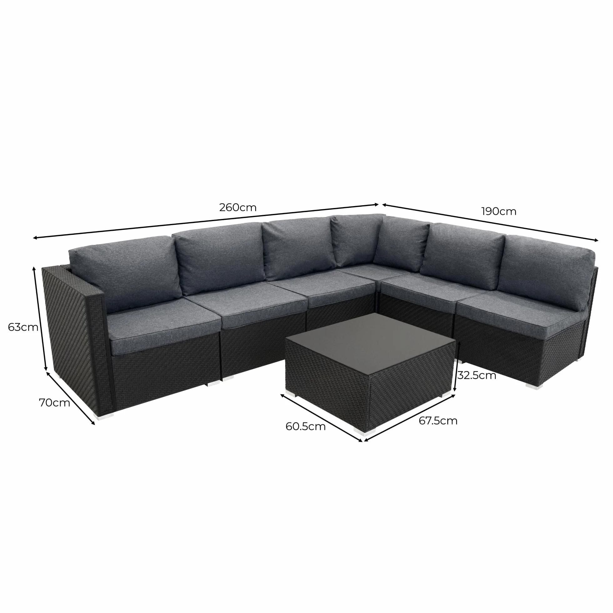 Monster Shop Set Mobili da Giardino 7 Pezzi in Rattan Nero – Divano Modulare 5 Posti con Cuscini Lavabili, Tavolino in Vetro, Copertura Impermeabile, per Esterno, Terrazzo e Veranda