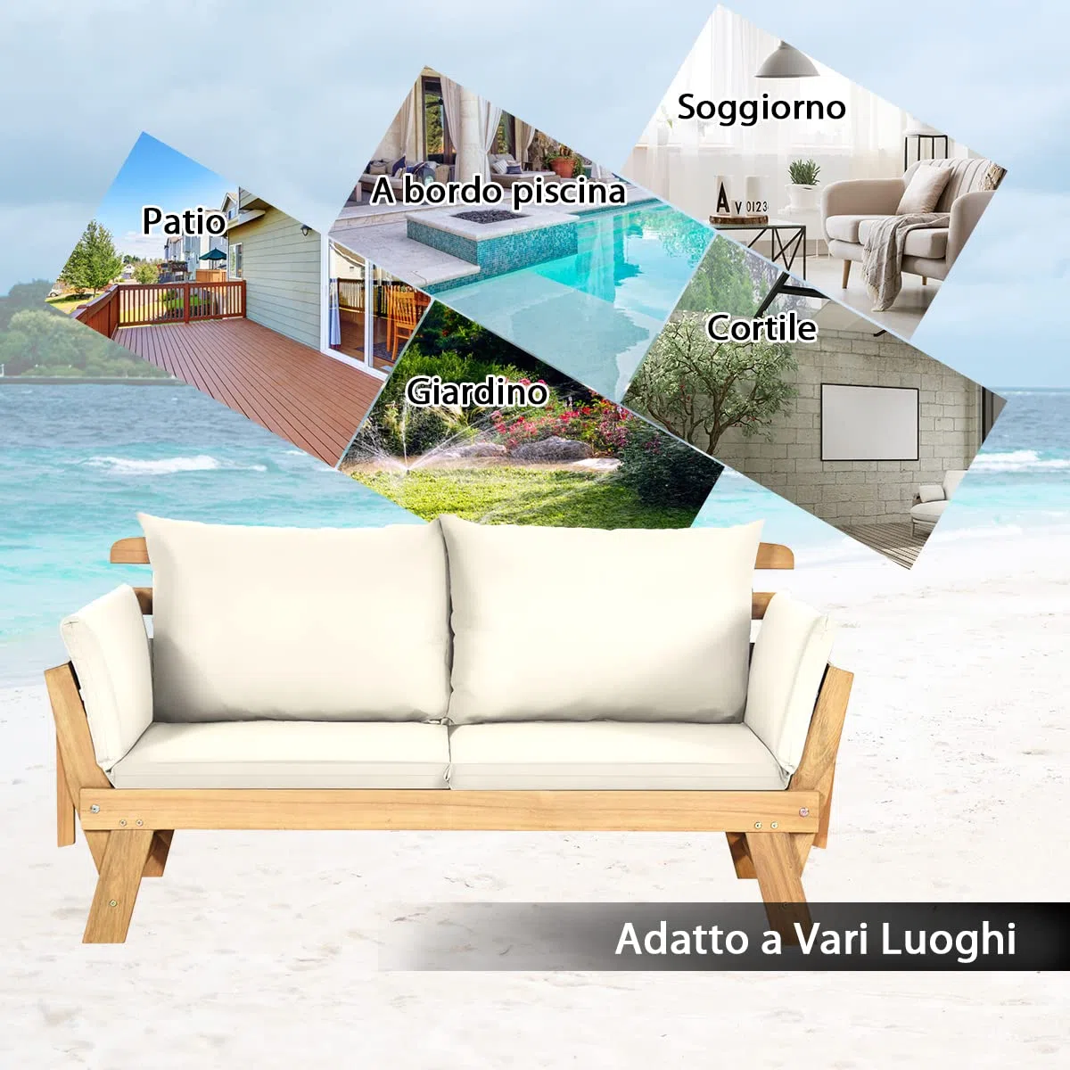 COSTWAY Divano Esterno a 2 Posti, in Legno di Acacia, Lettino Giardino con Braccioli Regolabili, Sdraio da Giardino con Cuscini, Chaise Longue per Giardino, Piscina, Cortile (Bianco)