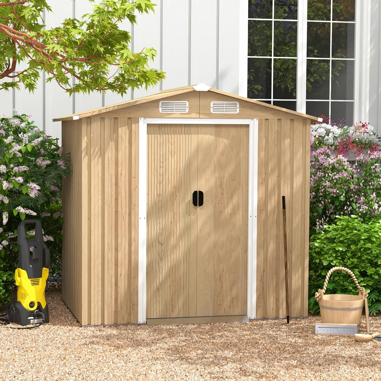 COSTWAY Casetta da Esterno 2,34㎡ Capanno Porta Attrezzi Lamiera Acciaio Zincata 196 x 142 x 186 cm