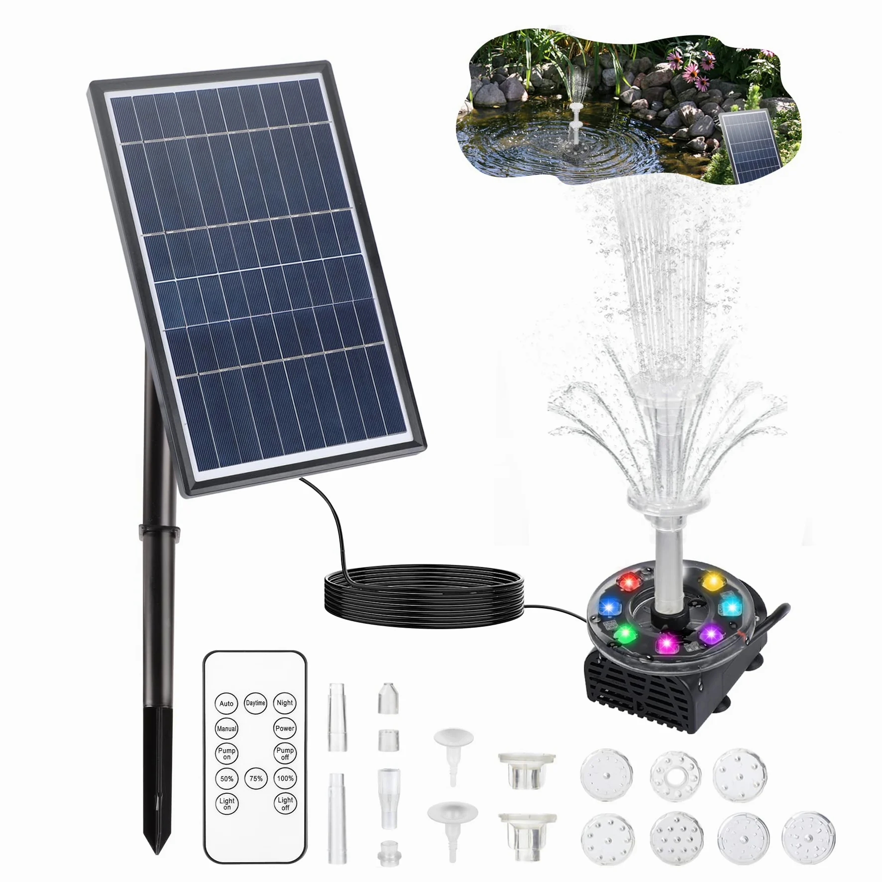 LED Fontana solare con 7W pannello solare incorporato 5000 mAh batteria con 10 stili della fontana per giardino, bagno degli uccelli, stagno