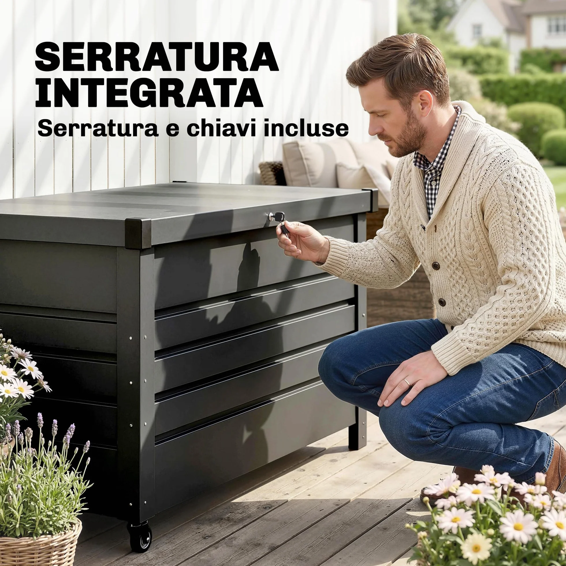 Outsunny Baule da Esterno 350L Acciaio Rinforzato con Coperchio Bloccabile, Pistoni a Gas, Ruote, Grigio