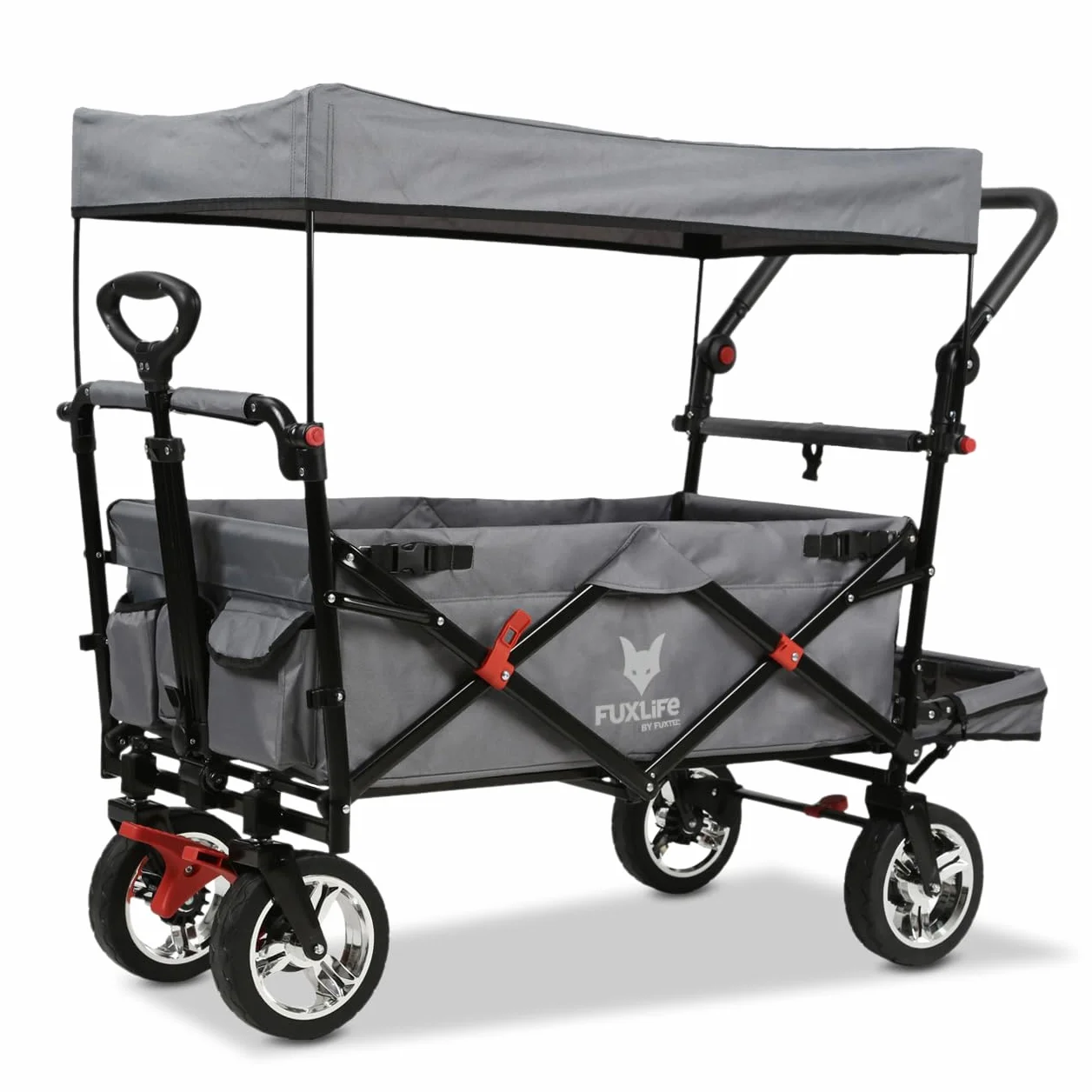 FUXLIFE Carrello Pieghevole FX-CT800 Grigio • Bollerwagen richiudibile con spazio extra per le gambe • Tettuccio parasole e ruote larghe • Volume 105 L e portata 75 kg