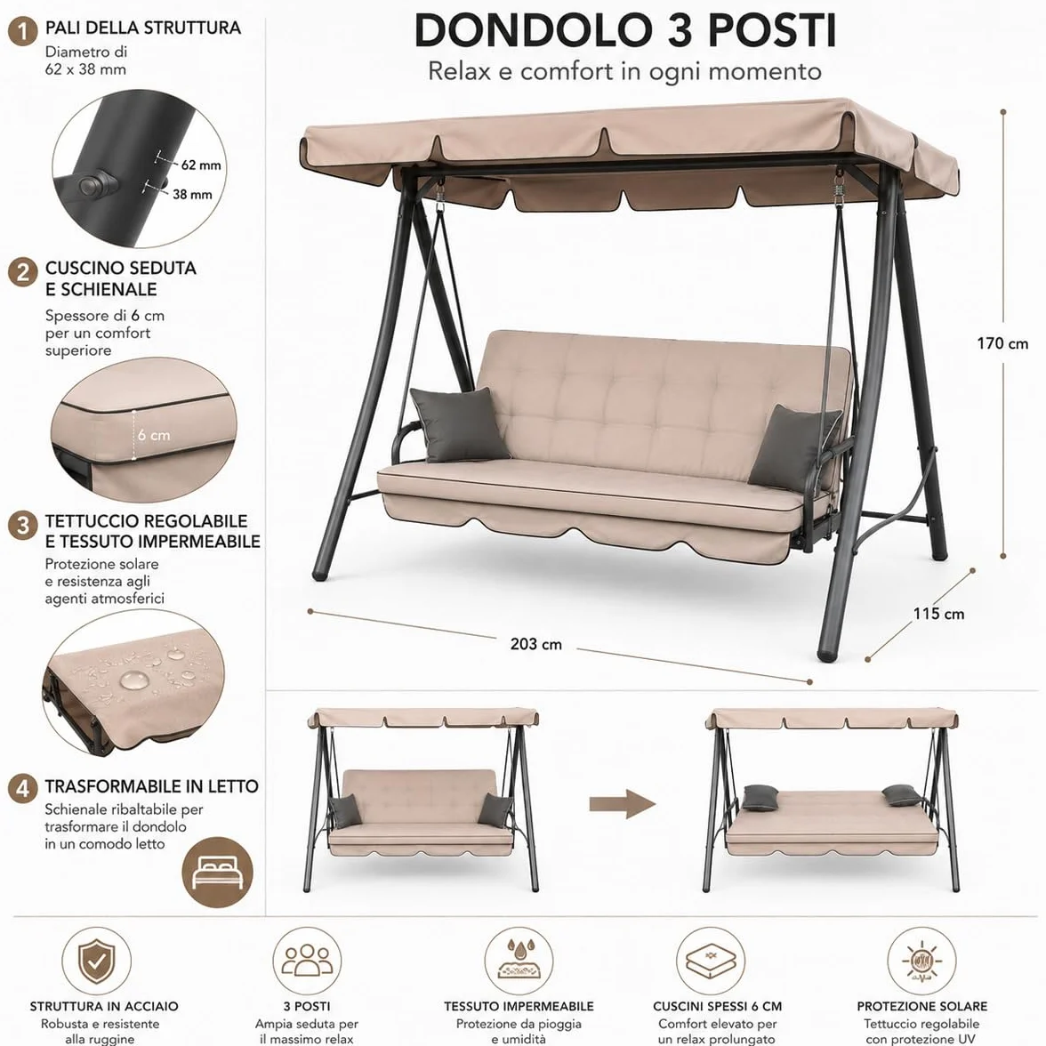 Letto Da Giardino 3 Posti Beige Panama Schienale Reclinabile Tetto Parasole Regolabile Set Cuscini 203 x 115 x 170 cm