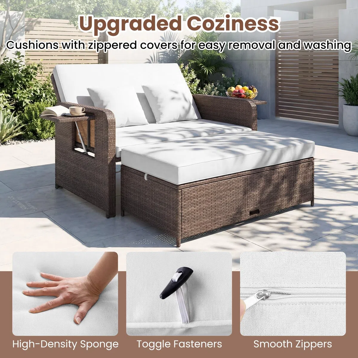 GIANTEX Divano da Giardino in Rattan con Poggiapiedi, Doppio Divano da Esterno con Schienale Regolabile, Mobili da Giardino per Terrazza, Balcone, Cortile (Misto Marrone+Bianco)