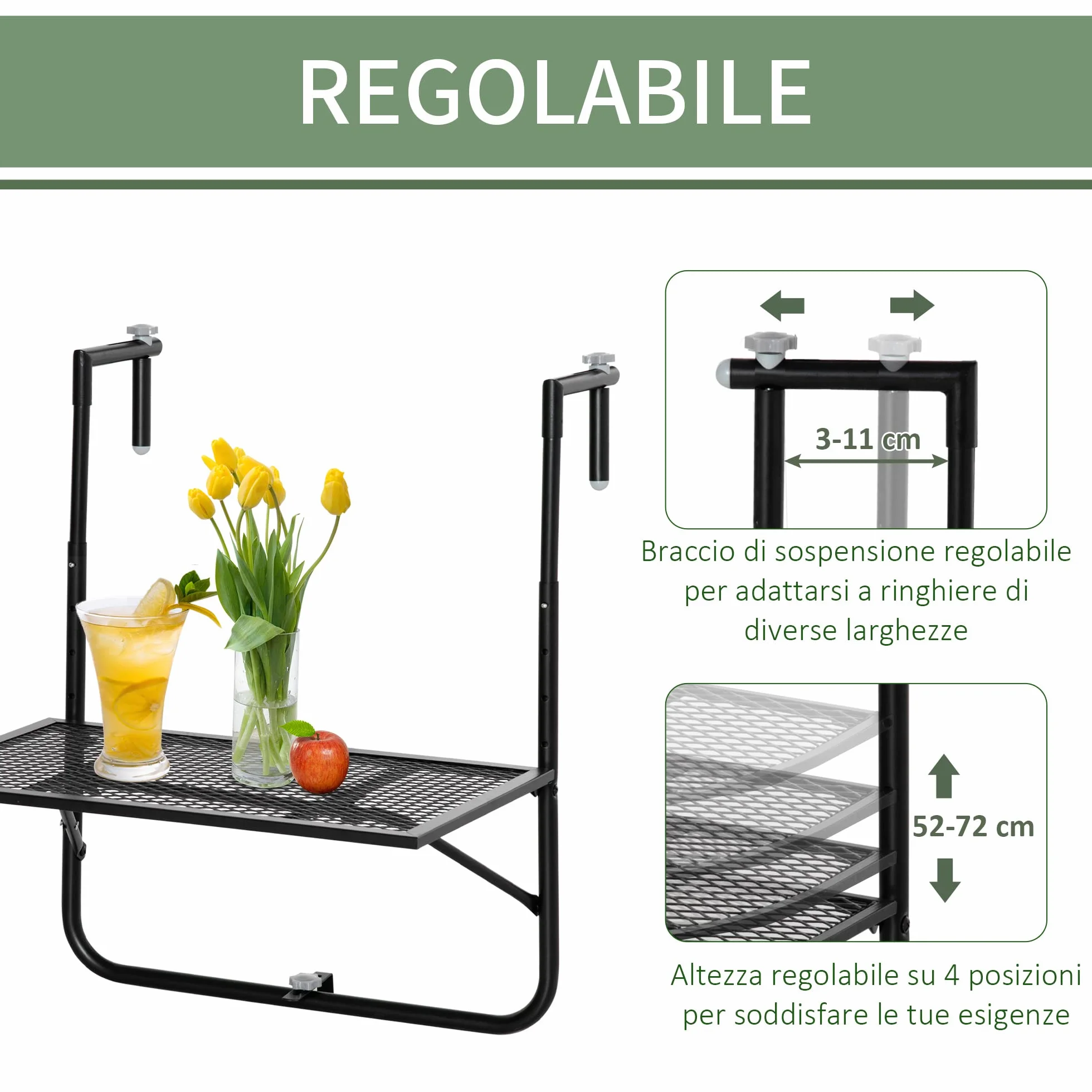 Outsunny Tavolo da Ringhiera Pieghevole in Metallo, 60x60x57-72cm, Nero