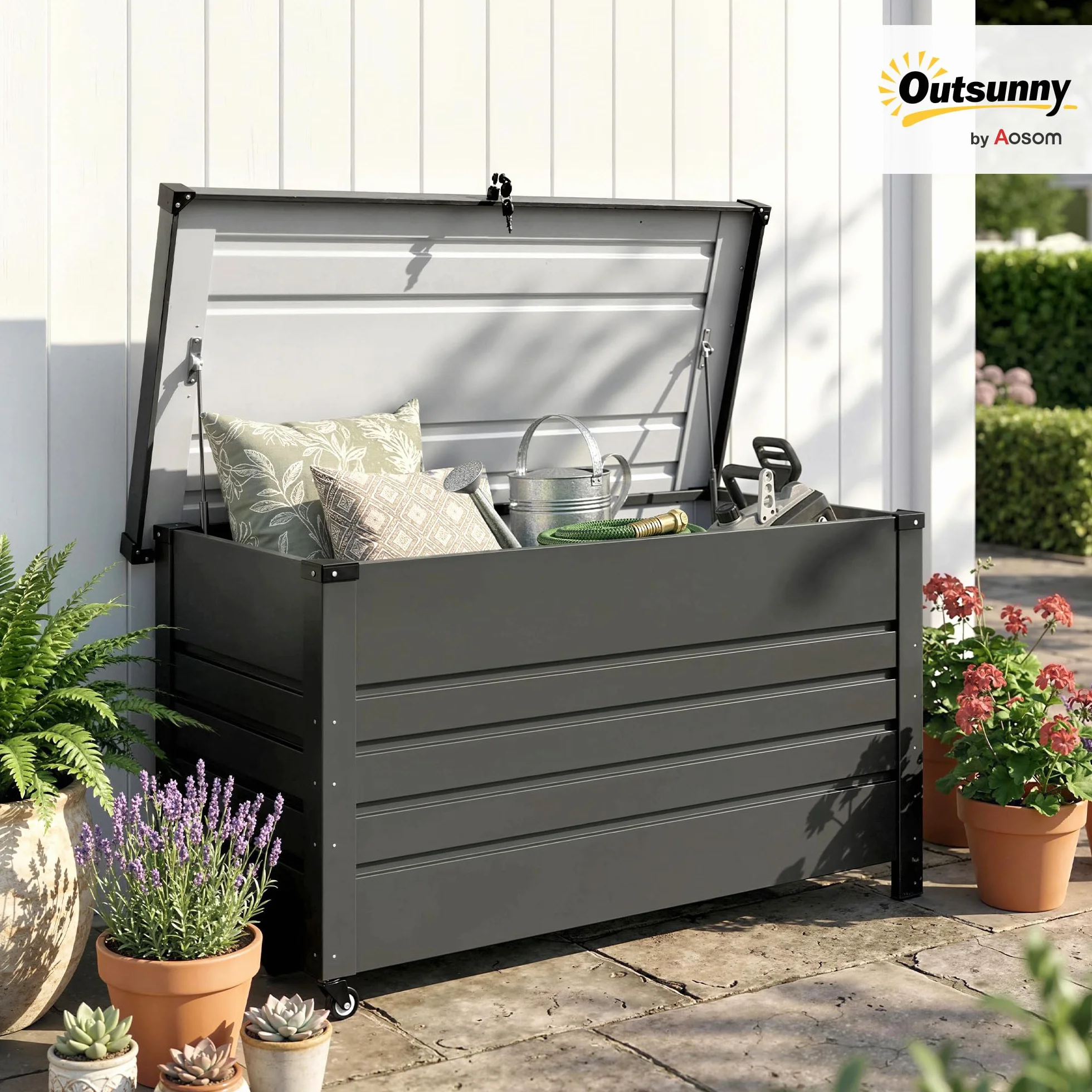 Outsunny Baule da Esterno 350L Acciaio Rinforzato con Coperchio Bloccabile, Pistoni a Gas, Ruote, Grigio