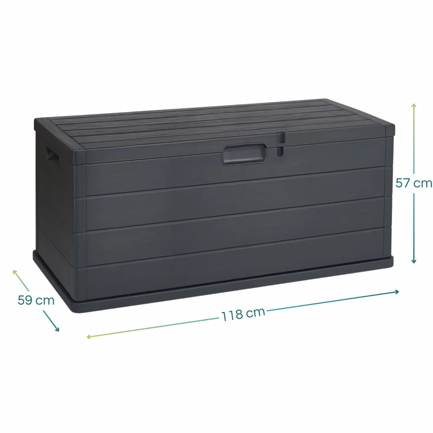VIRSUS Baule da Giardino con Ruote, misura 118x59x57 cm, Cassapanca Effetto Legno Antracite, Impermeabile, Chiusura Lucchettabile, Contenitore da Esterno, Capacità 340 Litri -ALP001F