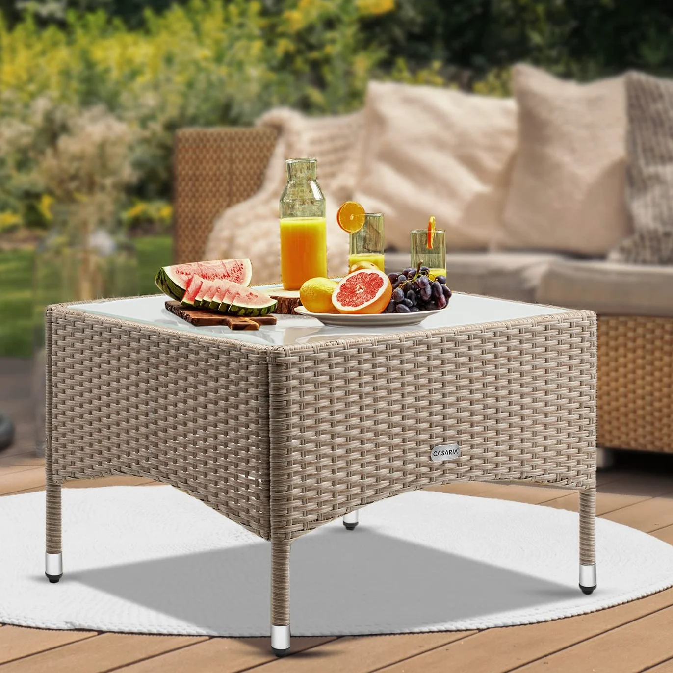 Casaria Tavolino da Giardino Esterno in Polyrattan 58x58x42cm Tavolo Basso da Caffè Quadrato Vetro