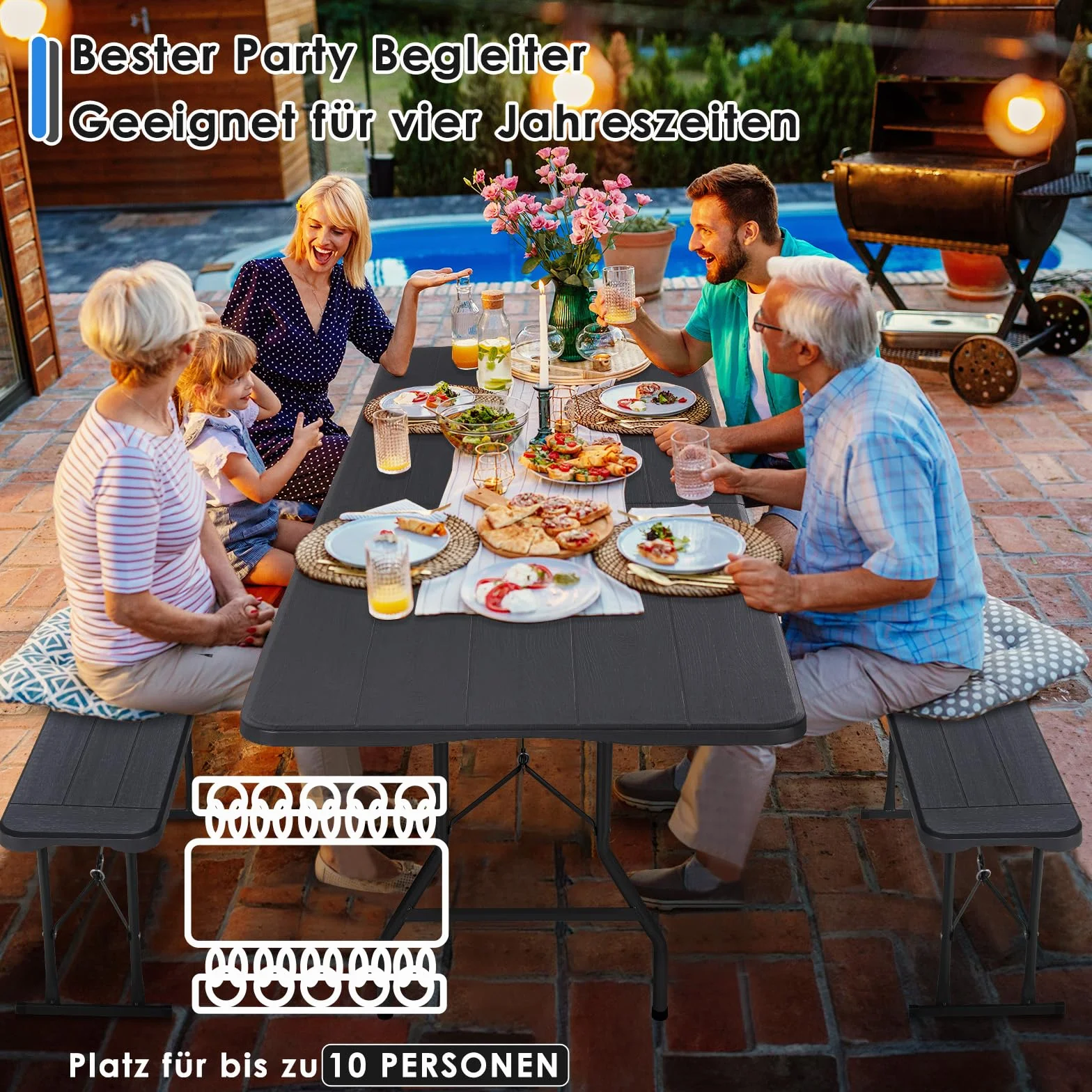 Set Tenda da Birra 3 Pezzi 180cm, Tavolo e 2 Panche Pieghevoli, Mobili da Giardino in Plastica HDPE