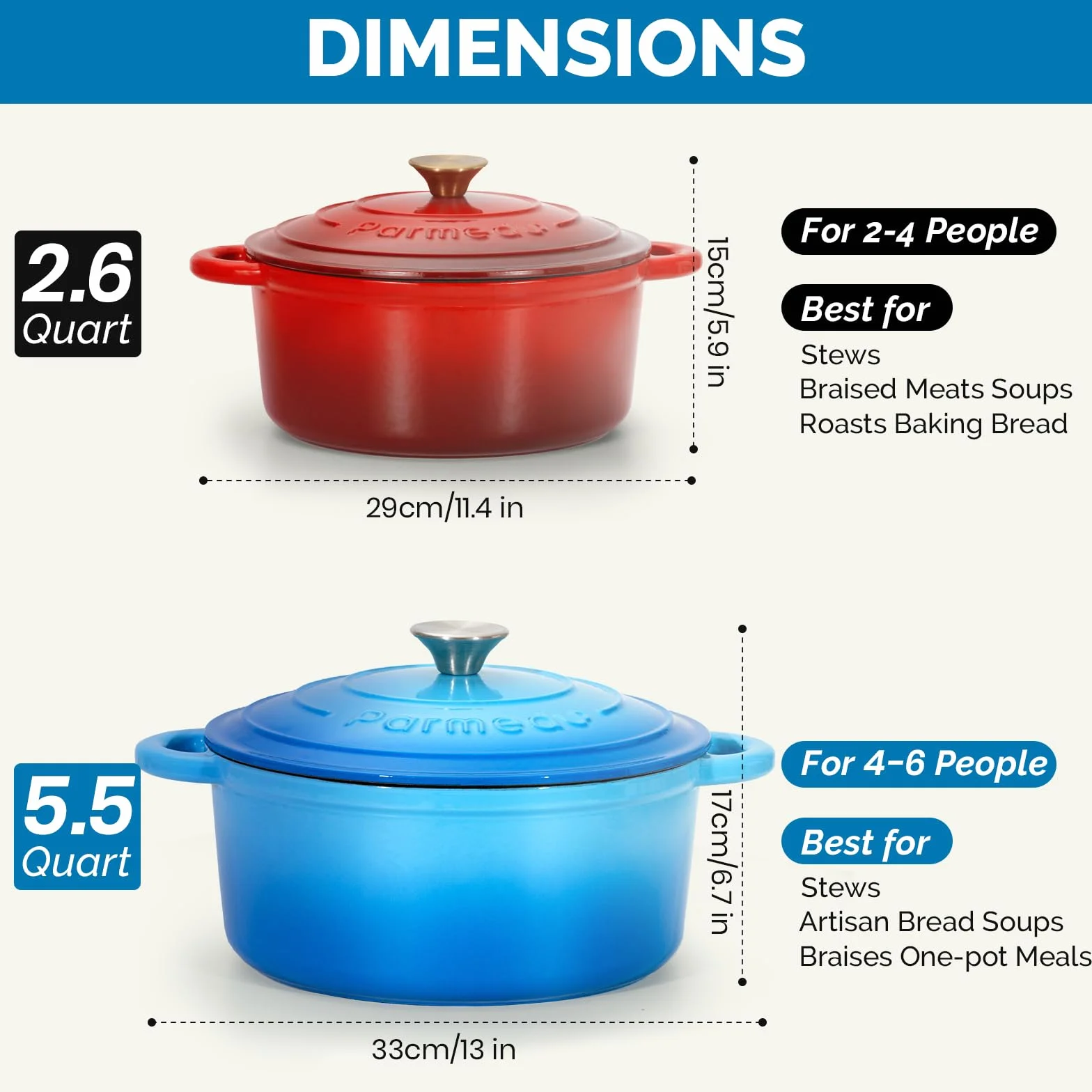 Parmedu Forno olandese in ghisa smaltata 5,5 litri con coperchio doppia maniglia blu oceano