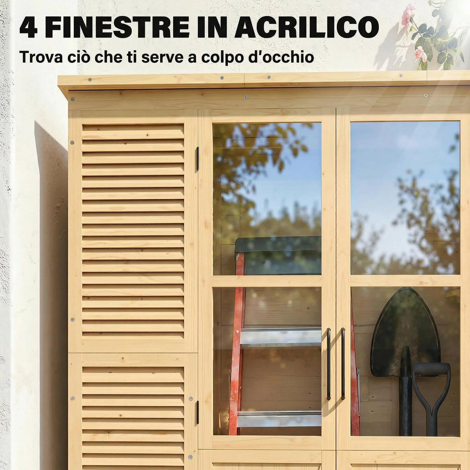 Outsunny Armadio da Giardino in Legno Abete Walk-in, Casetta Porta Attrezzi da Esterno con Tetto Inclinato Asfalto, 4 Finestre, 6 Ripiani, Prese d'Aria, Kit Antiribaltamento, 147x68x198cm, Color Legno