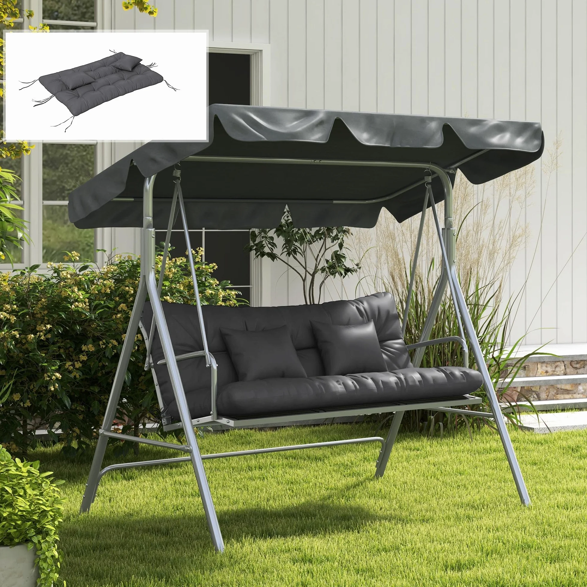 Outsunny Cuscini da Giardino Set 4 Pezzi per Schienale e Seduta con Imbottitura Spessa, Cuscini da Esterno in Poliestere, Senza Altalena, Grigio Carbone