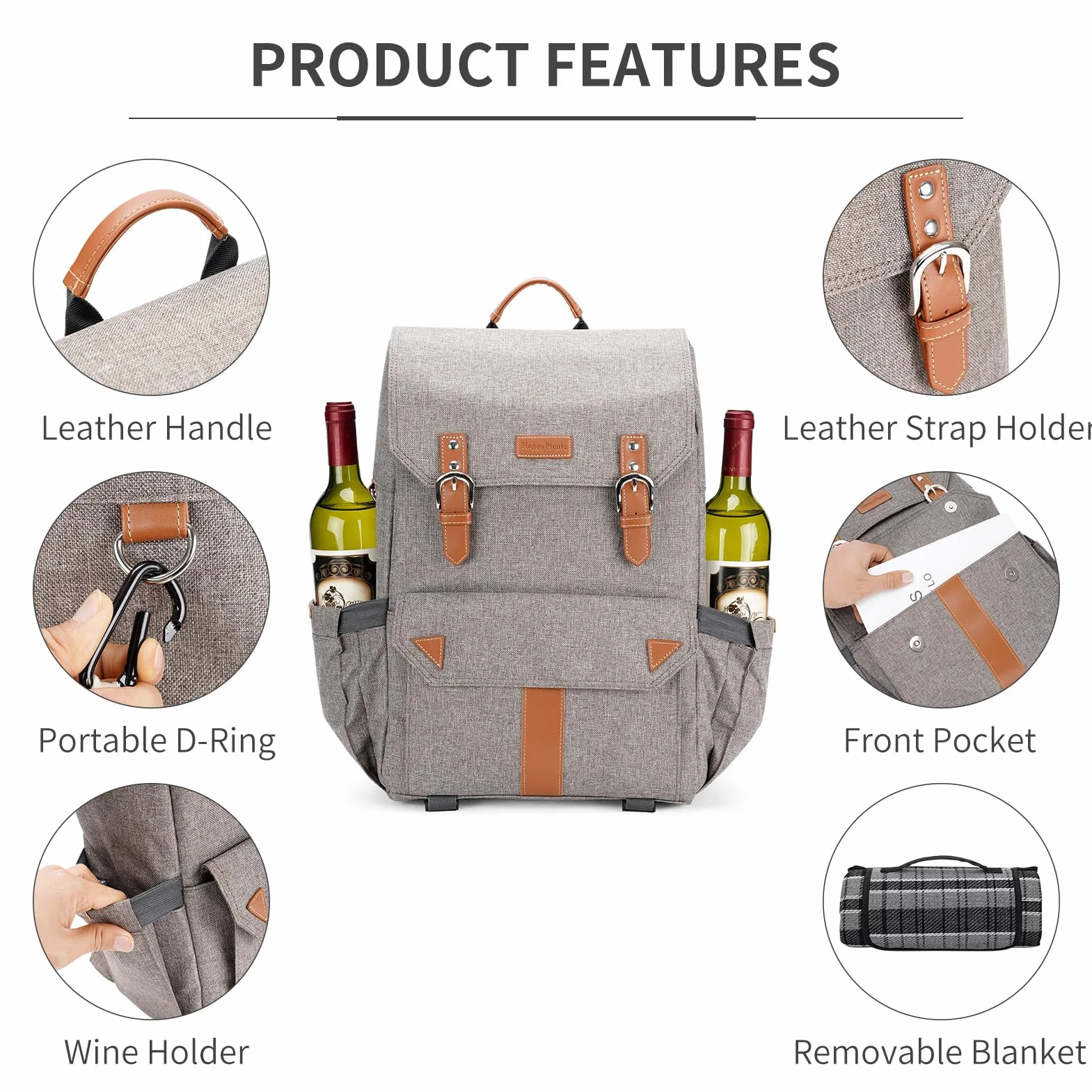 HappyPicnic Zaino da picnic per 4 persone isolato con set completo di stoviglie, ampio scomparto refrigerante, portabottiglie e grande coperta da picnic impermeabile