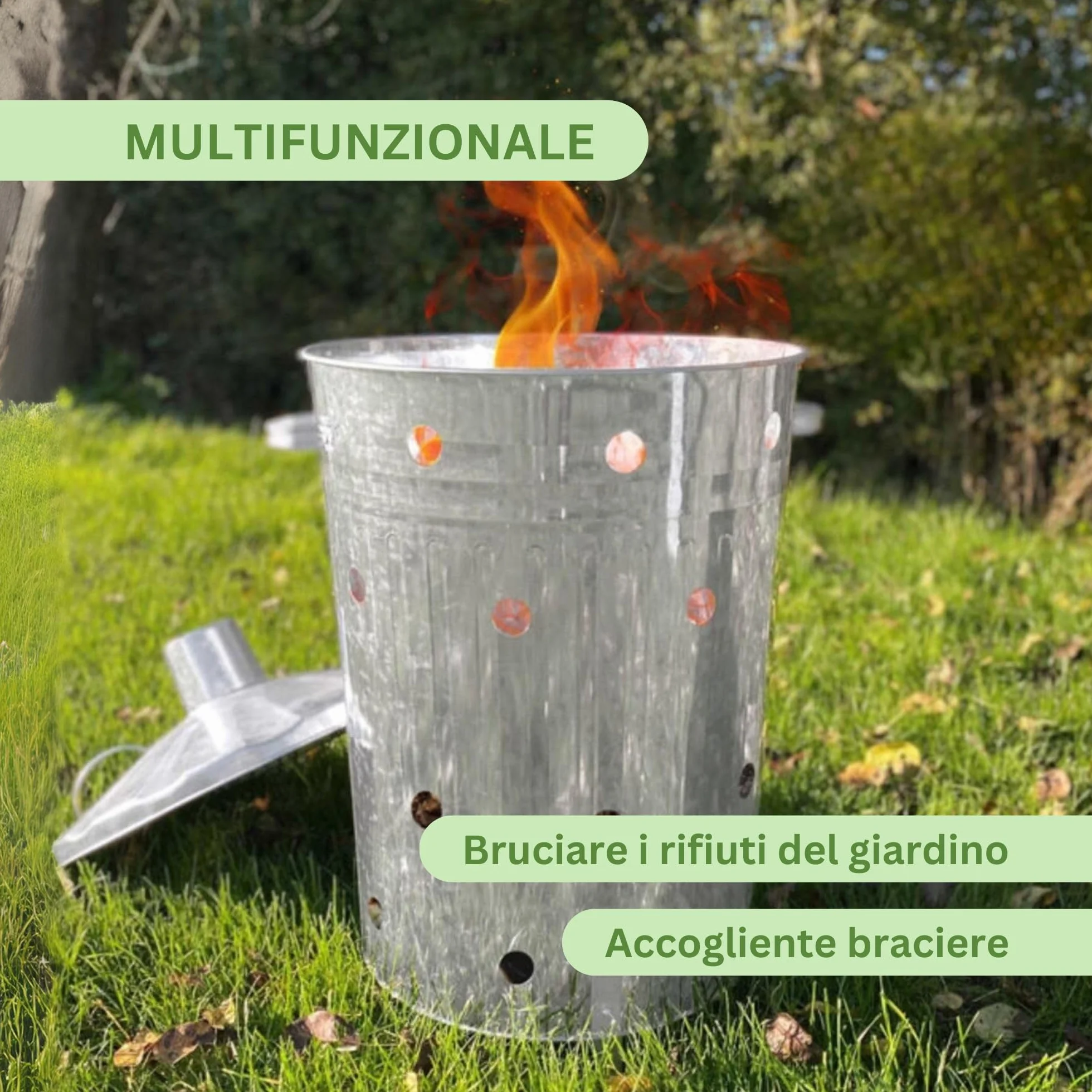 Rori Bidone fuoco XL rifiuti giardino coperchio rotondo 110 l