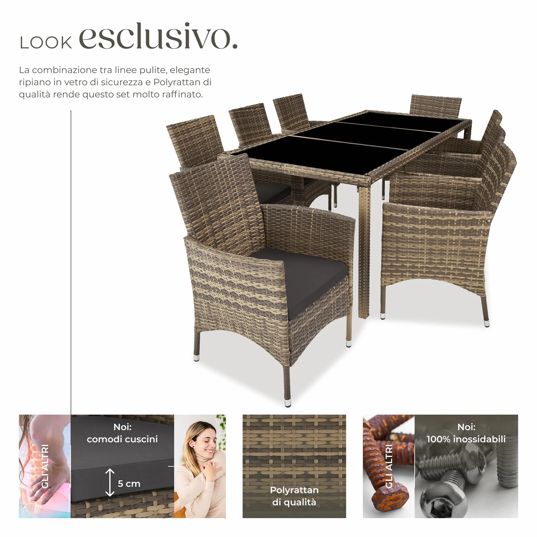tectake® Set Mobili Giardino 8 Sedie 1 Tavolo Cuscini Morbidi Poli Rattan Naturale/Grigio Scuro