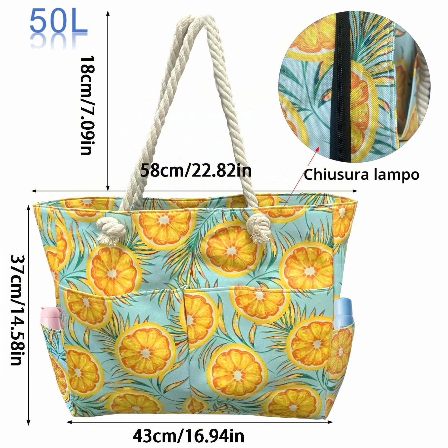 Borsa Spiaggia XXL 50L Arancione Donna Grande Impermeabile Pieghevole Termica con Cerniera