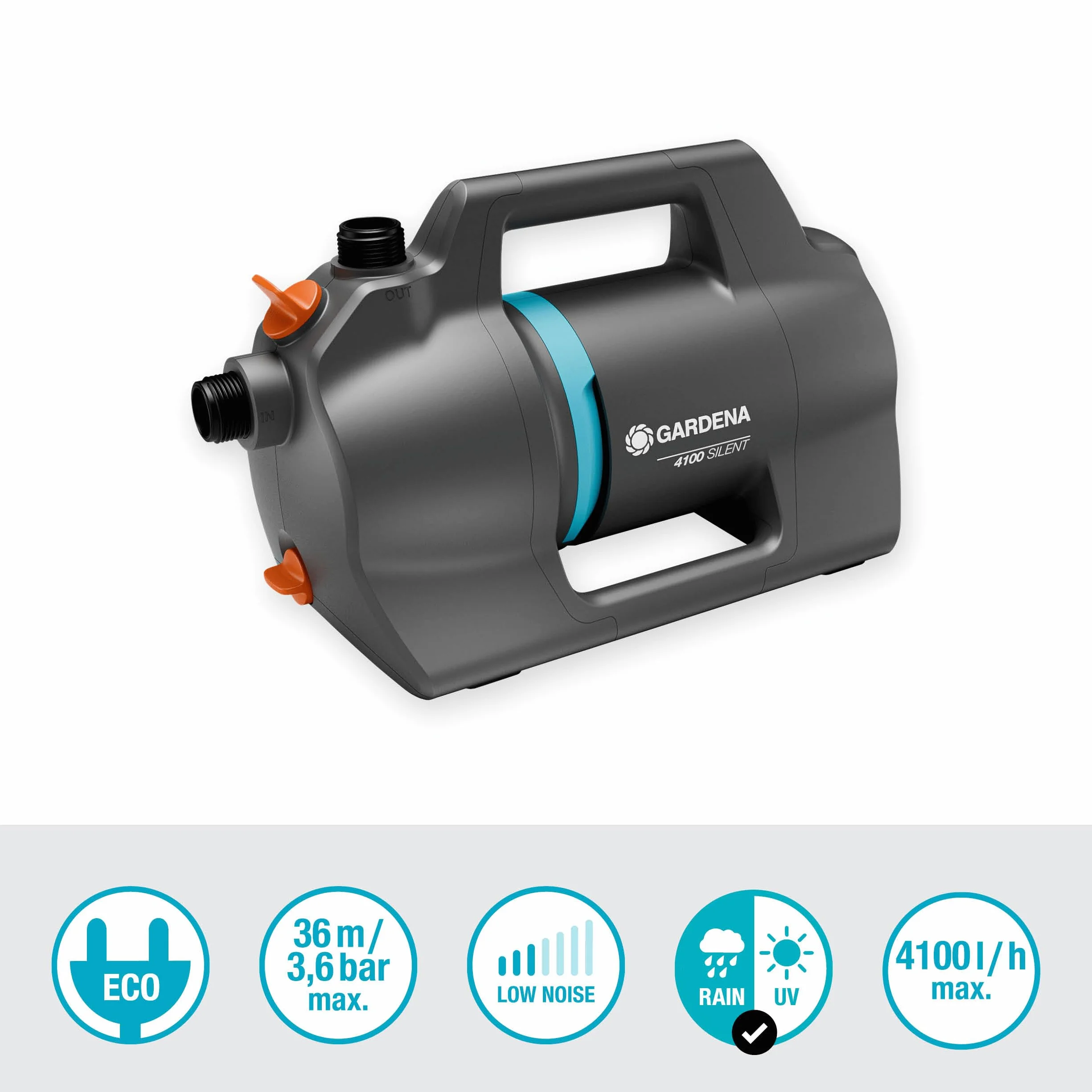 Pompa da giardino Gardena 4100 Silent: Pompa per irrigazione molto silenziosa e innovativa, portata 4100 l/h, motore da 550 W, 3,6 bar, impermeabile, a risparmio energetico (9050-20)