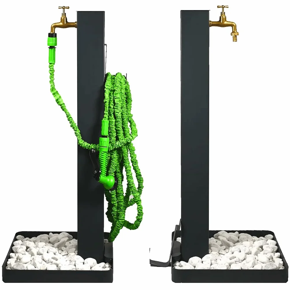 Fontana da giardino. Fontanella da giardino, per esterno, antracite. Rubinetto in ottone, flessibile, raccordo e ciottoli Compresi