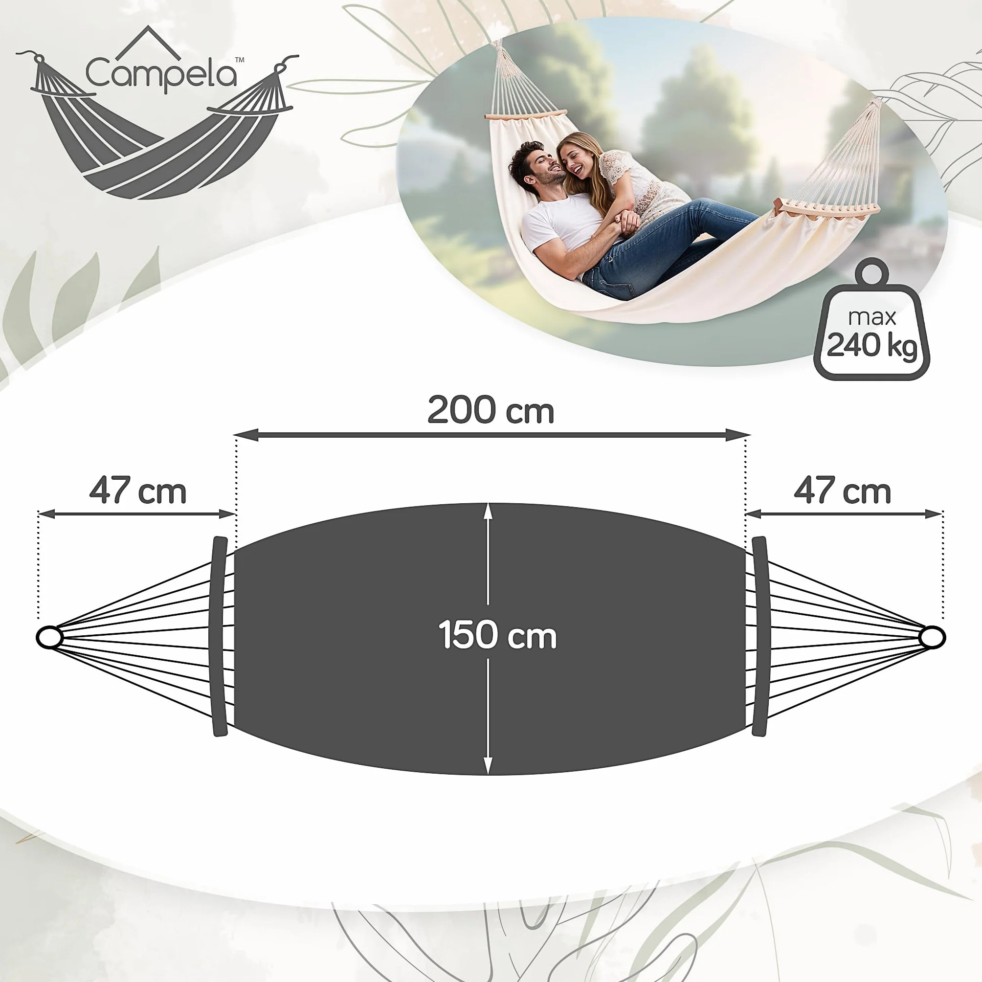 Amaca Doppia 200x150 cm Portata 240 kg Boho Beige Cotone Poliestere Giardino Terrazza
