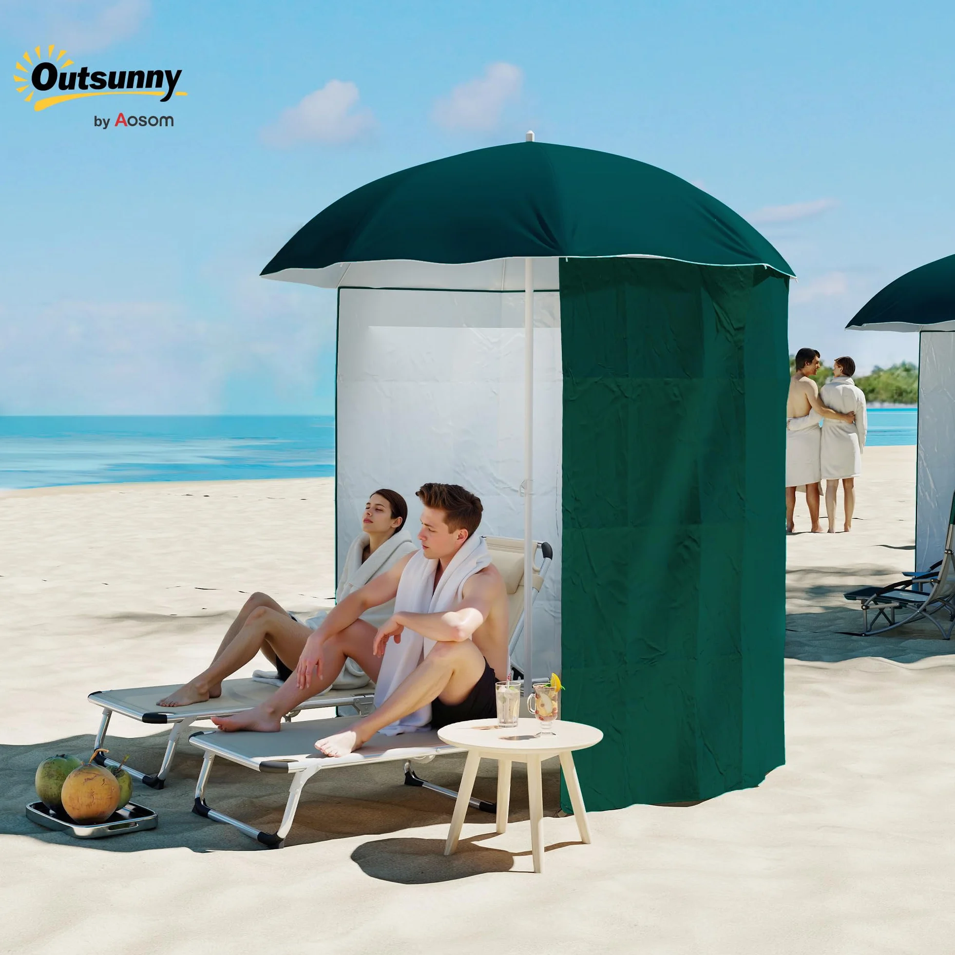 Outsunny Ombrellone da Spiaggia Ø2.2x2.2 m con Tendina Laterale, Sacchi per Sabbia e Picchetti