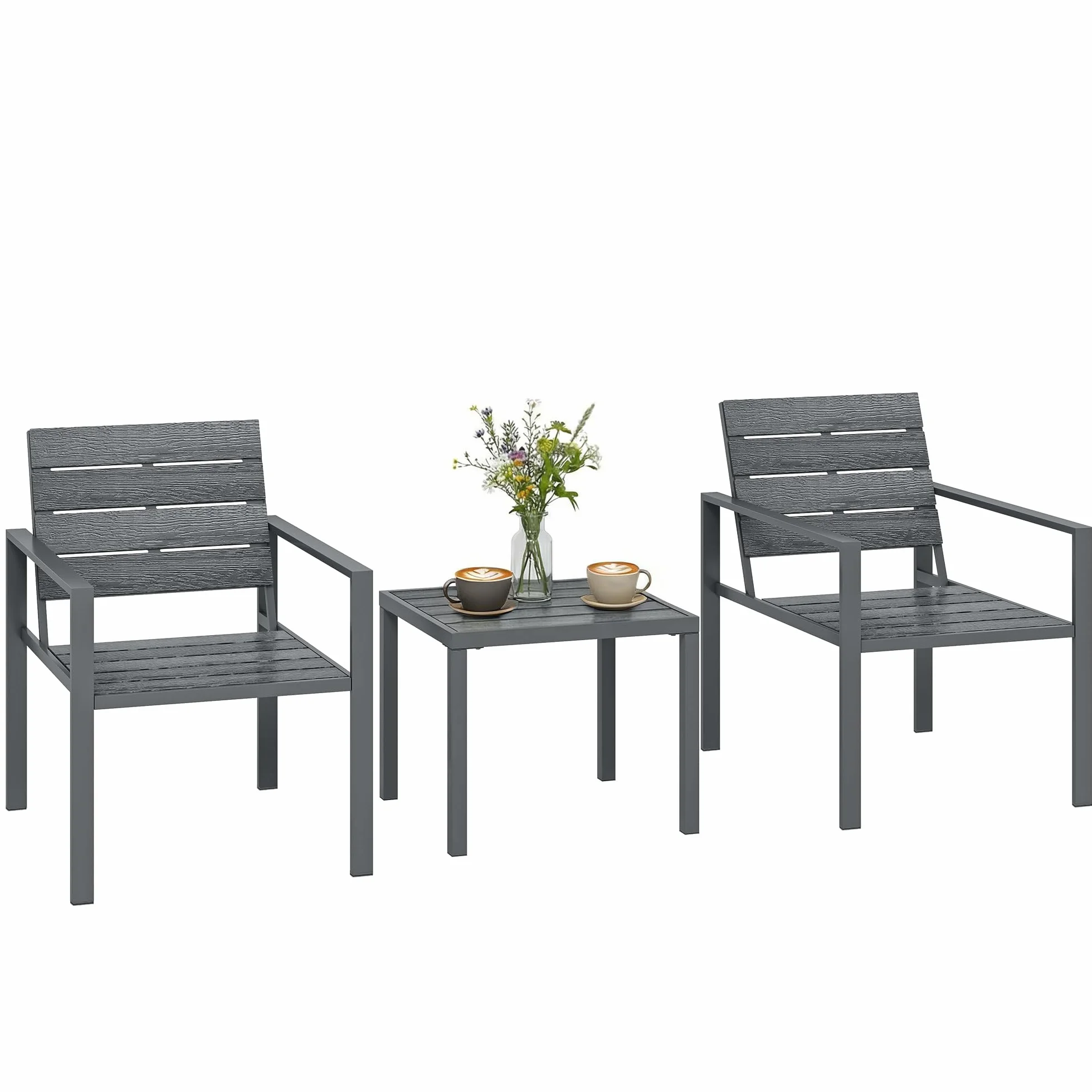 Outsunny Set da Bistrò 3 Pezzi, Set da Giardino in Metallo con Sedie HDPE e Tavolo, Grigio Scuro