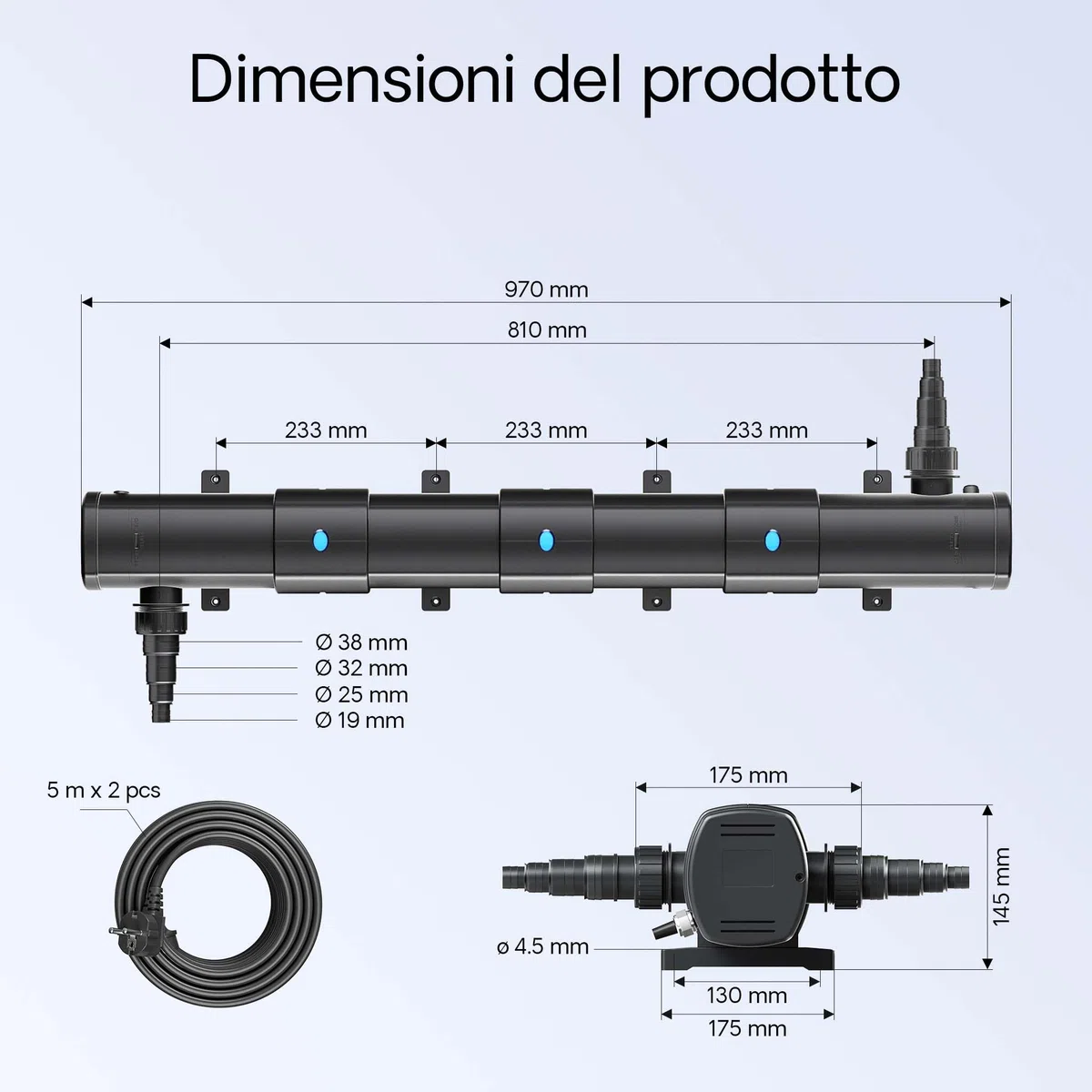 Filtro Chiarificatore UVC 72W Pompa 80W Set per Laghetti 90000l Skimmer tubo 25m