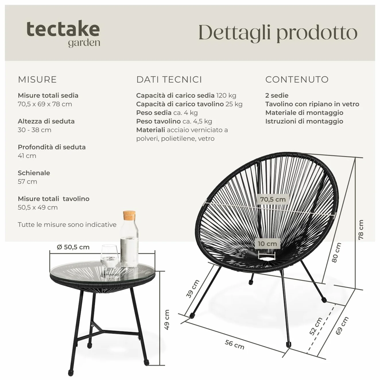 Tectake Set 2 Sedie Santana con Tavolo da Esterno, Tavolo Retrò con Vetro di Sicurezza e Telaio in Acciaio, Nero