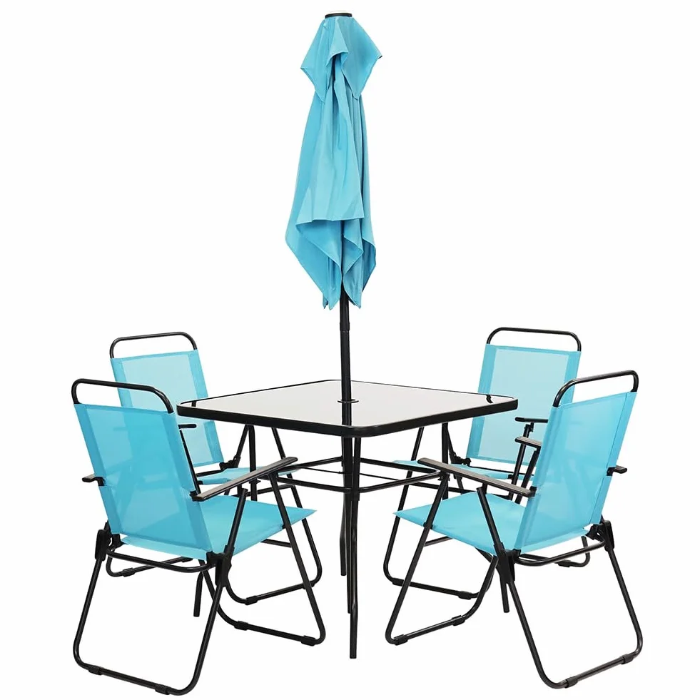 Shally Dogan Set da Pranzo Giardino 6 Pezzi con Ombrellone, 4 Sedie Pieghevoli, Tavolo Vetro Temperato, UV Resistente, Arredamento Esterno