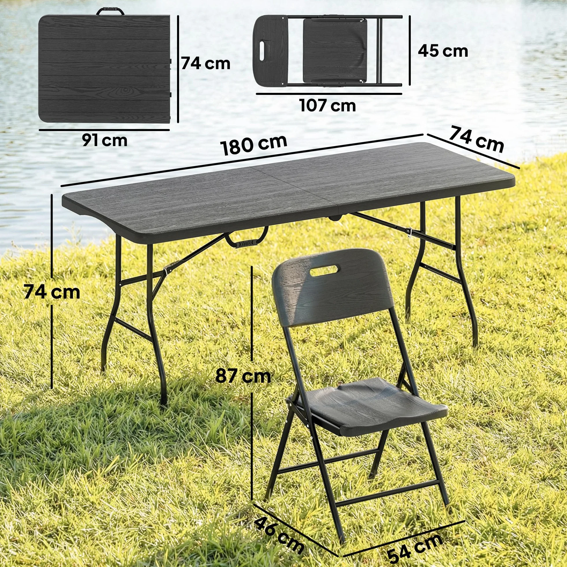 Outsunny Set Tavolo da Campeggio Pieghevole con 4 Sedie, HDPE Metall, Portatile per Picnic Esterno Giardino Nero