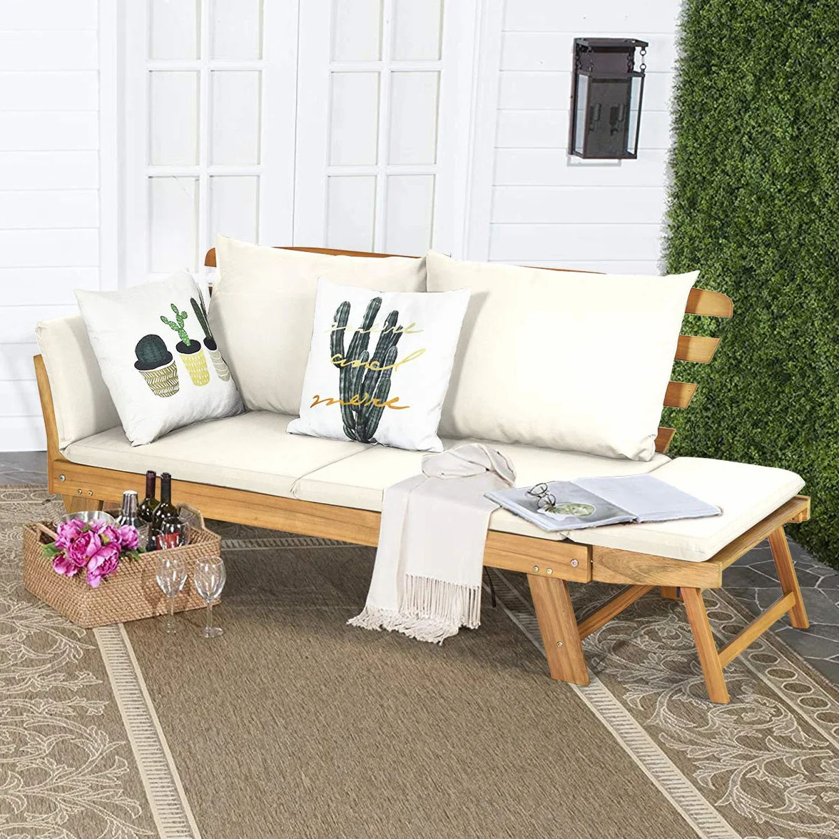 COSTWAY Divano Esterno a 2 Posti, in Legno di Acacia, Lettino Giardino con Braccioli Regolabili, Sdraio da Giardino con Cuscini, Chaise Longue per Giardino, Piscina, Cortile (Bianco)