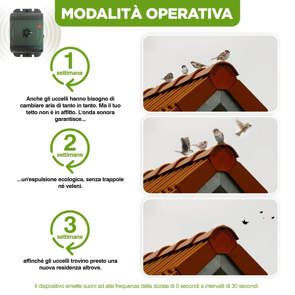 ISOTRONIC dissuasore uccelli ultrasuoni piccioni passeri gabbiani corvi batteria balconi tetti giardini raggio 40m² 3 unità efficace esterno protezione difesa stop volatili ecologico mobile