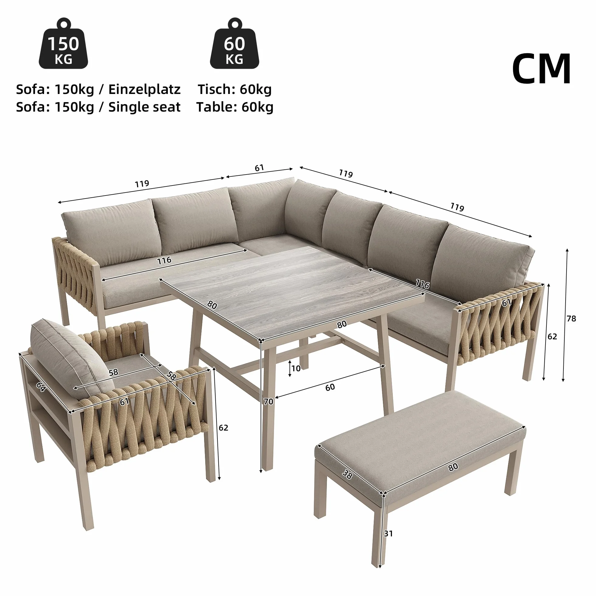 Idemon Set divano da giardino ferro zincato vetro temperato beige cuscini