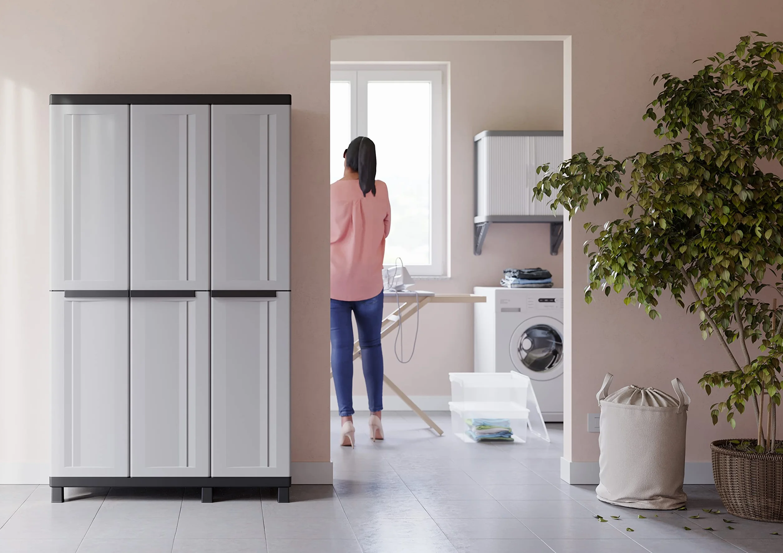 Terry - Twist Black 102a, Armadio Multifunzione a 3 Ante, Portascope con 2 Vani Separati, da Esterno e Interno Coperto, in Plastica, 102x39x170 cm