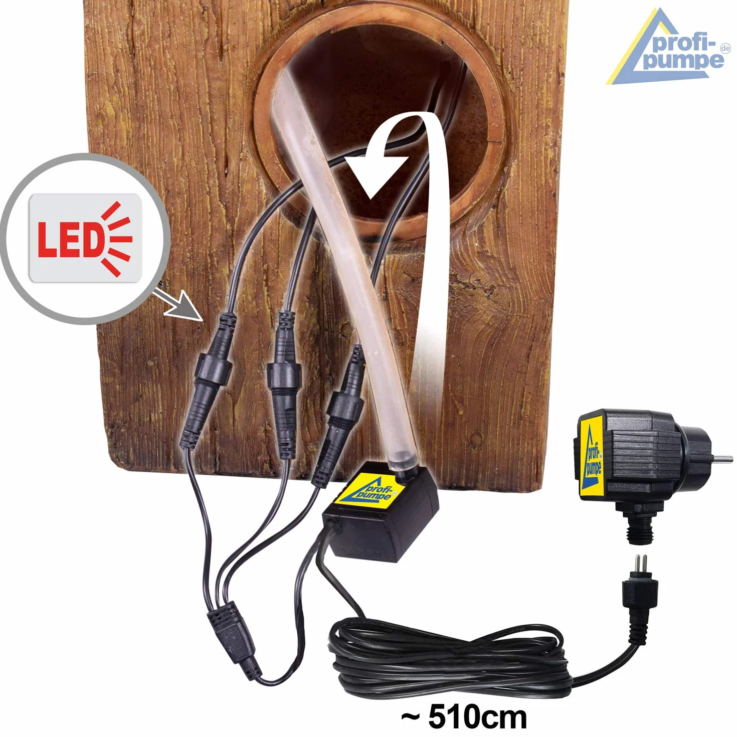 Fontana da giardino, fontana decorativa, fontana da interni, fontana con luce a LED, 230 V, gioco d'acqua, laghetto da giardino, terrazza (casette in legno)