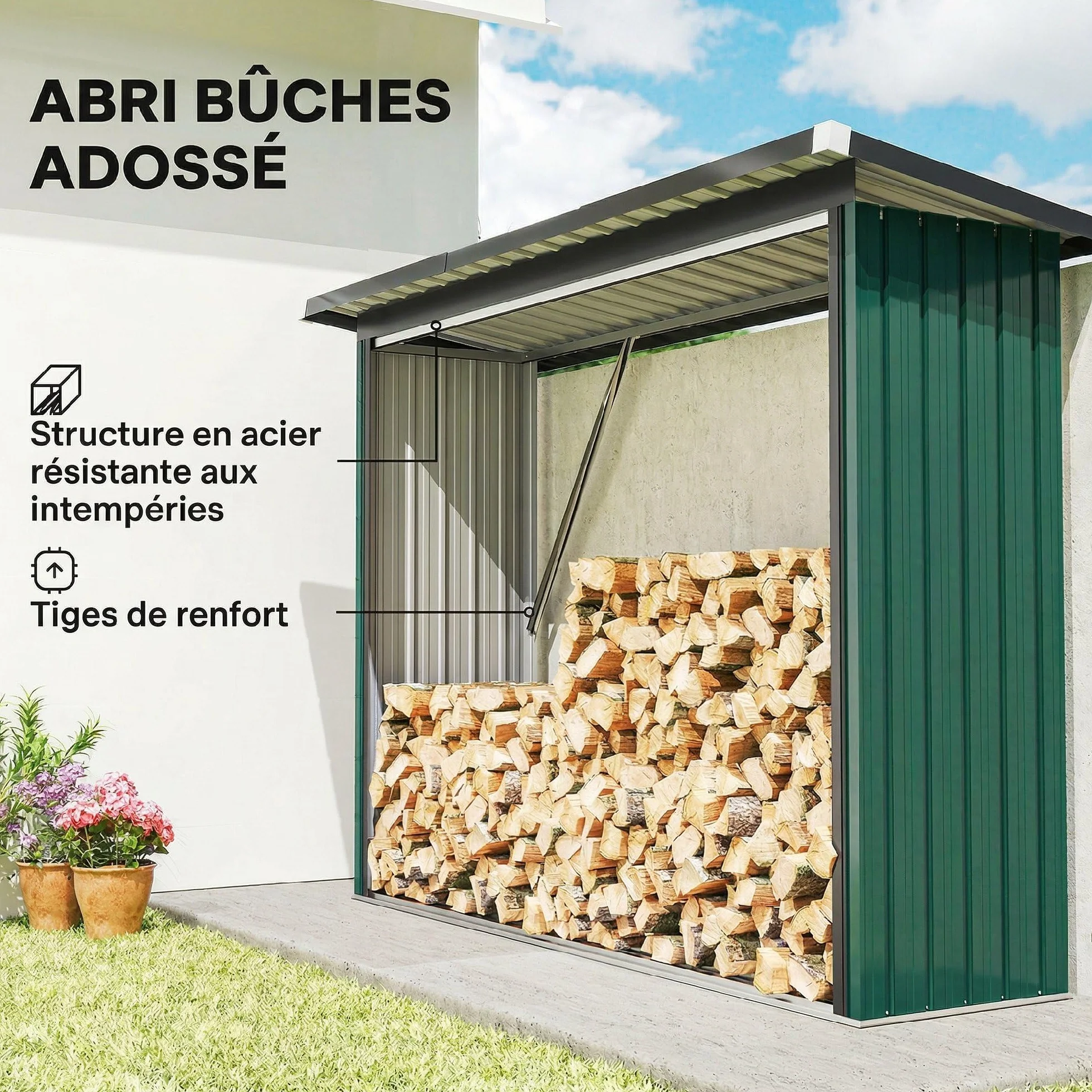 Outsunny Albero Coperto Acciaio Zincato Supporto Legna Riscaldamento 213 x 66,5 x 150 cm Verde