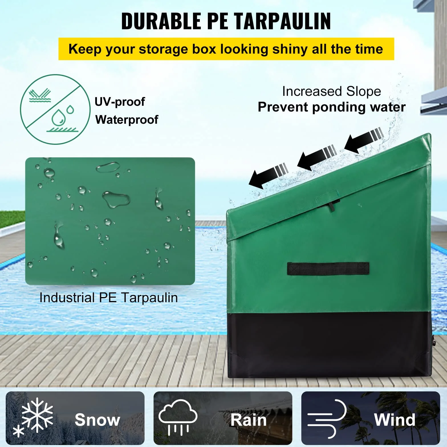 VEVOR Scatola per Stoccaggio da Esterno in PE Impermeabile con Coperchio Manici Laterali Volume da 440L, Contenitore Porta Attrezzi da Giardino con Coperchio Inclinata Capienza 440L, Baule da Giardino
