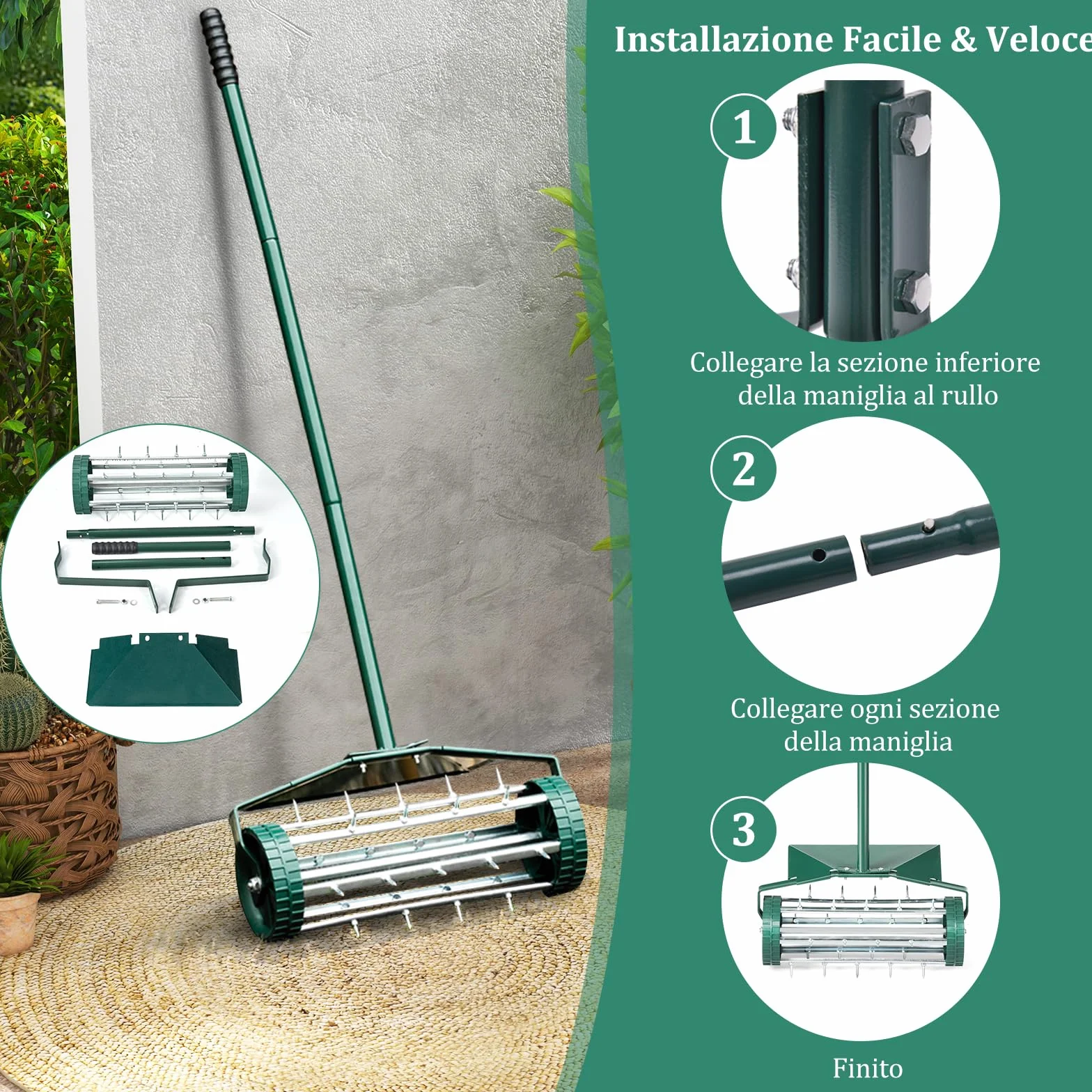COSTWAY Arieggiatore per Prato, Rullo Arieggiatore da Prato con Parafango, Arieggiatore Manuale per Prato Giardino Terreno, 46 x 23 x 127 cm