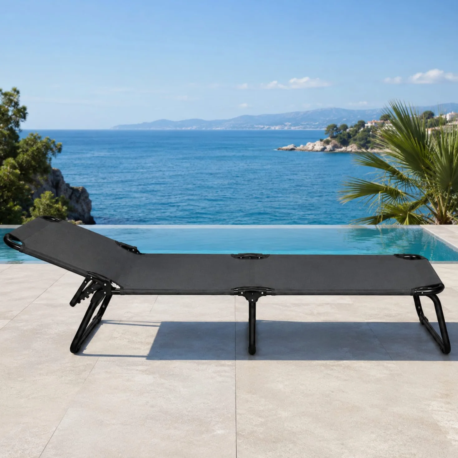 Lettino Pieghevole Prendisole Schienale Reclinabile Struttura Metallo Nero 187x53x24 cm Grigio Scuro