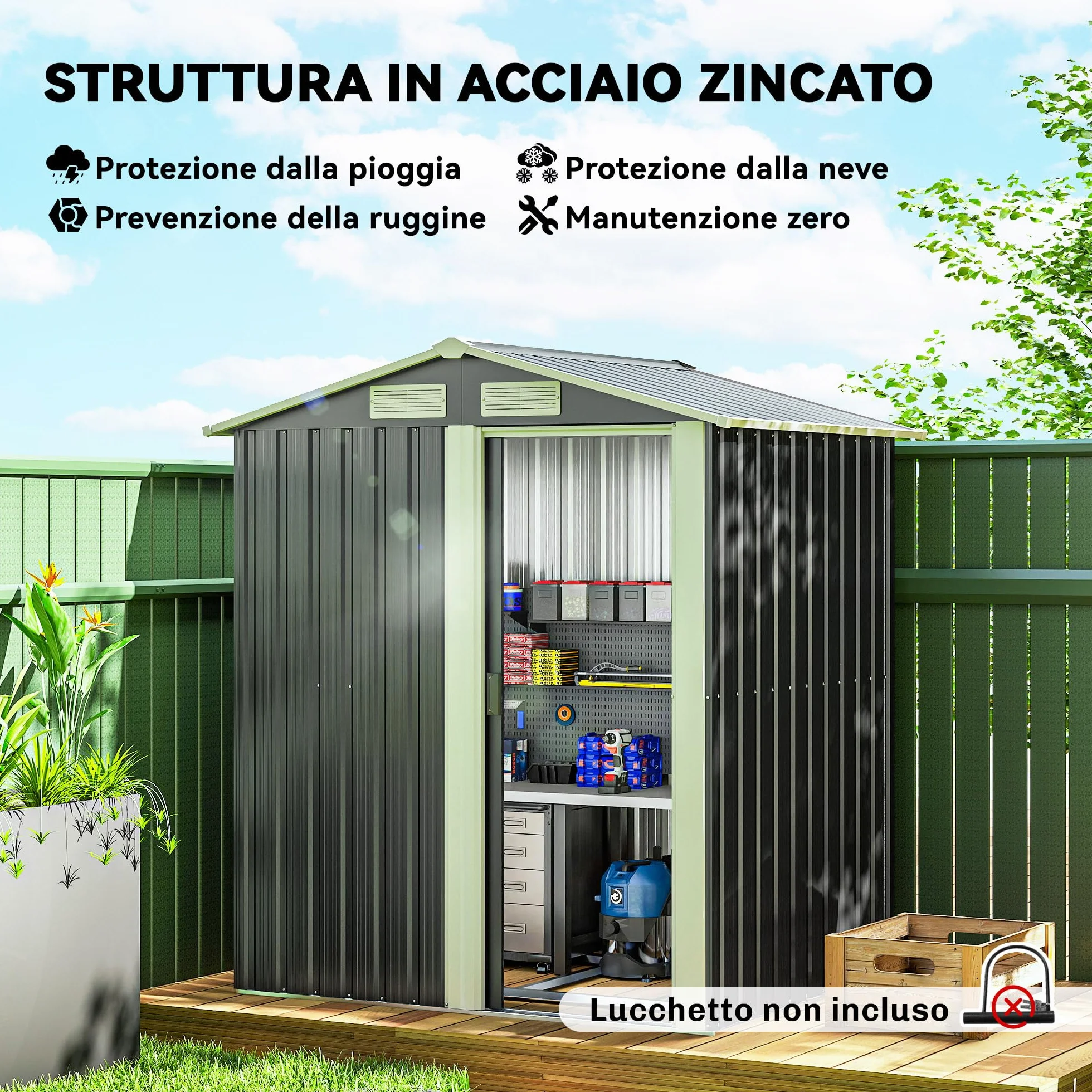 Outsunny Casetta da Giardino 1.7m² in Acciaio Zincato con kit Fondazione, Capanno da Giardino Porta Attrezzi con Tetto Inclinato, 4 Prese d'Aria, Porta Scorrevole, 152x132x188 cm, Grigio Scuro