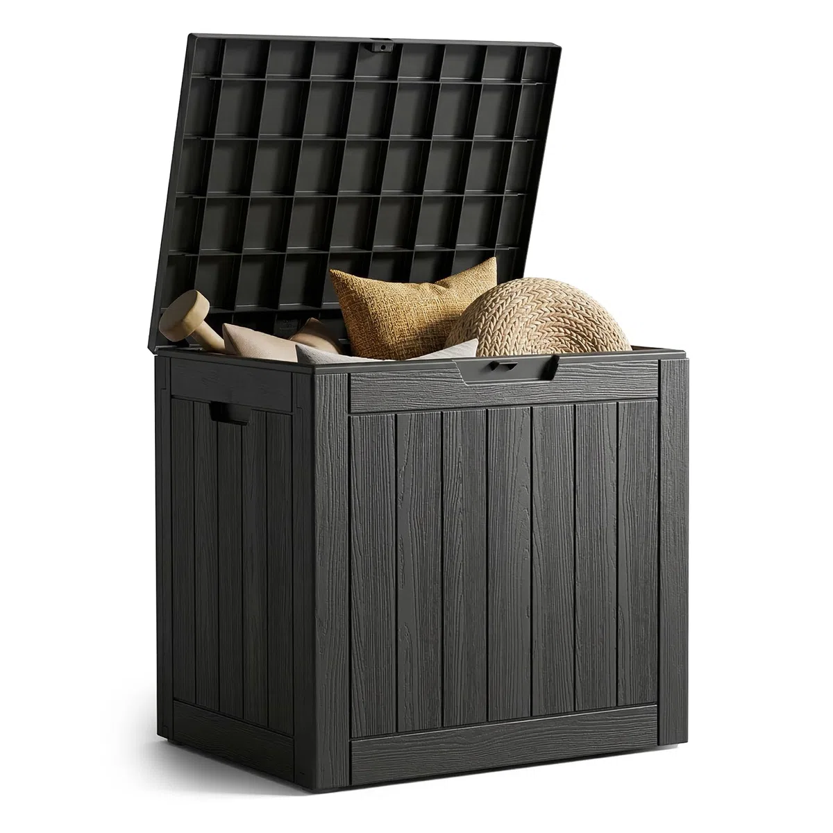 AKORD Baule da Giardino Impermeabile 117L - Cassapanca Esterna in Polipropilene Effetto Legno - Scatola Contenitore per Balcone e Terrazza, 56x53,2x43,1 cm, Nero